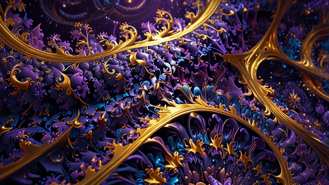 Golden filigree swirls and purple fractal flowers glow against a dark, sparkling celestial background.