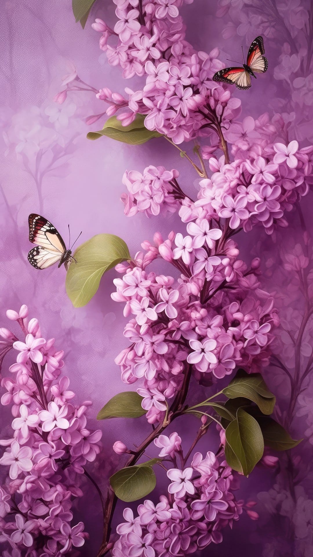Lilac flower blossoms with two butterflies perched on petals against a hazy, soft-focus lavender background.