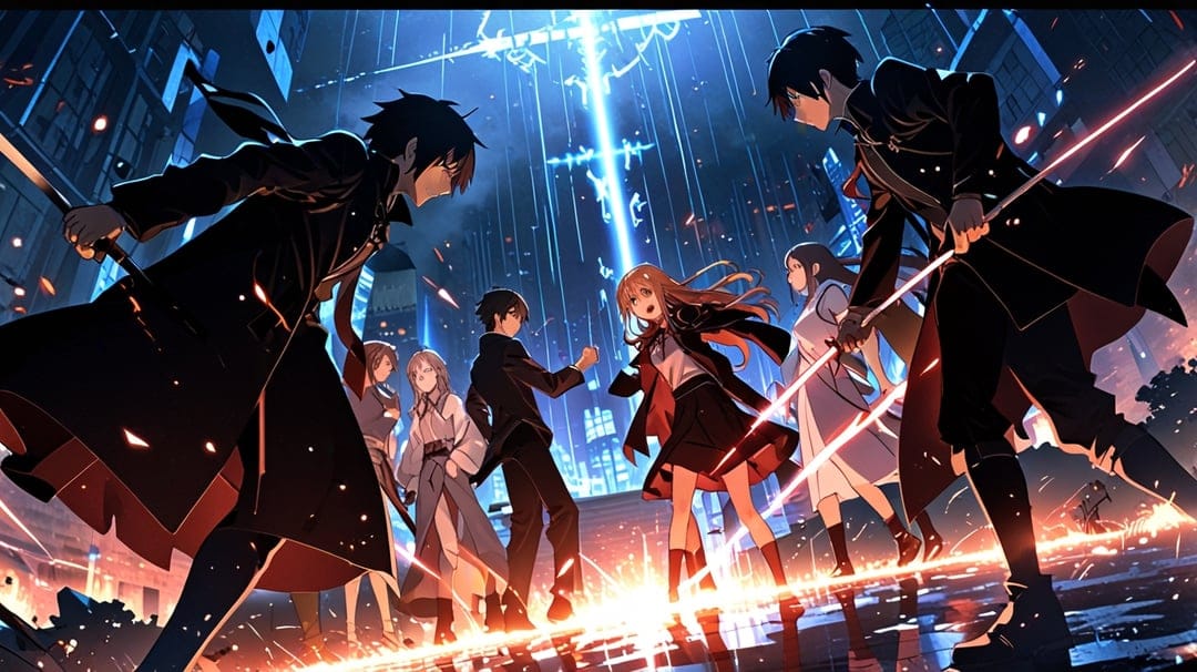 Cybernetic anime fighters clash with glowing blades against a neon-lit futuristic city with electric sparks.
