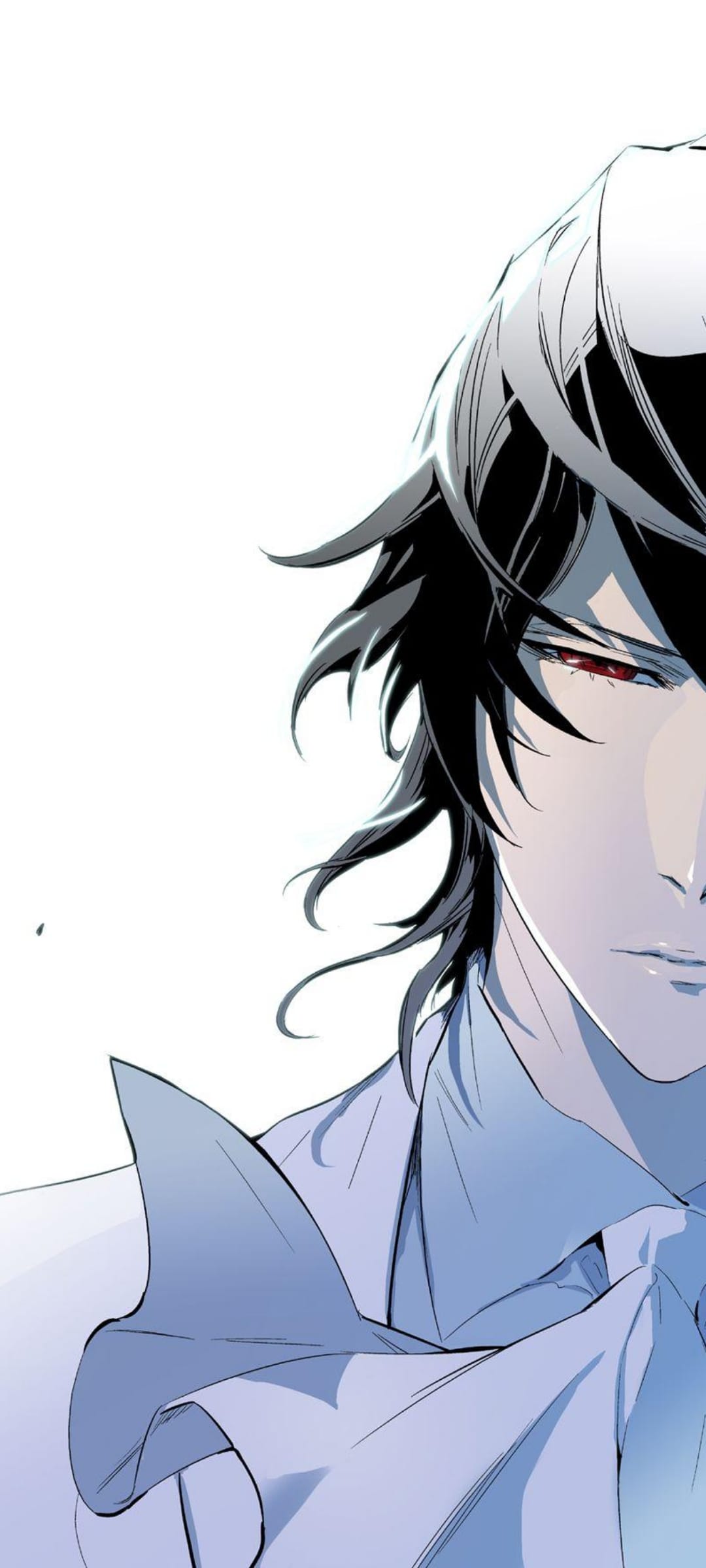 Dark-haired man with silver streaks and piercing red eyes wears a light blue collar against a white background.