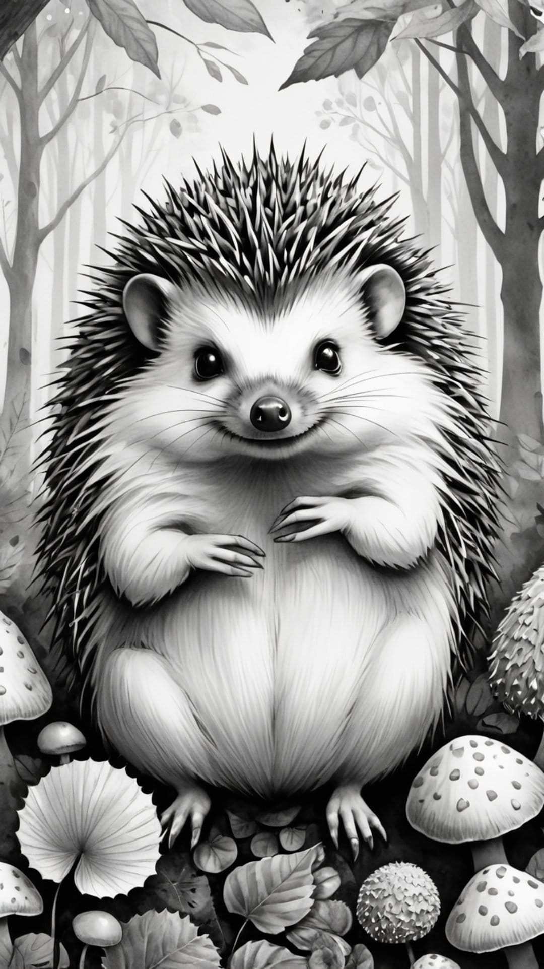 Hedgehog with textured quills sitting beside tall mushrooms and fallen leaves on a detailed forest floor.