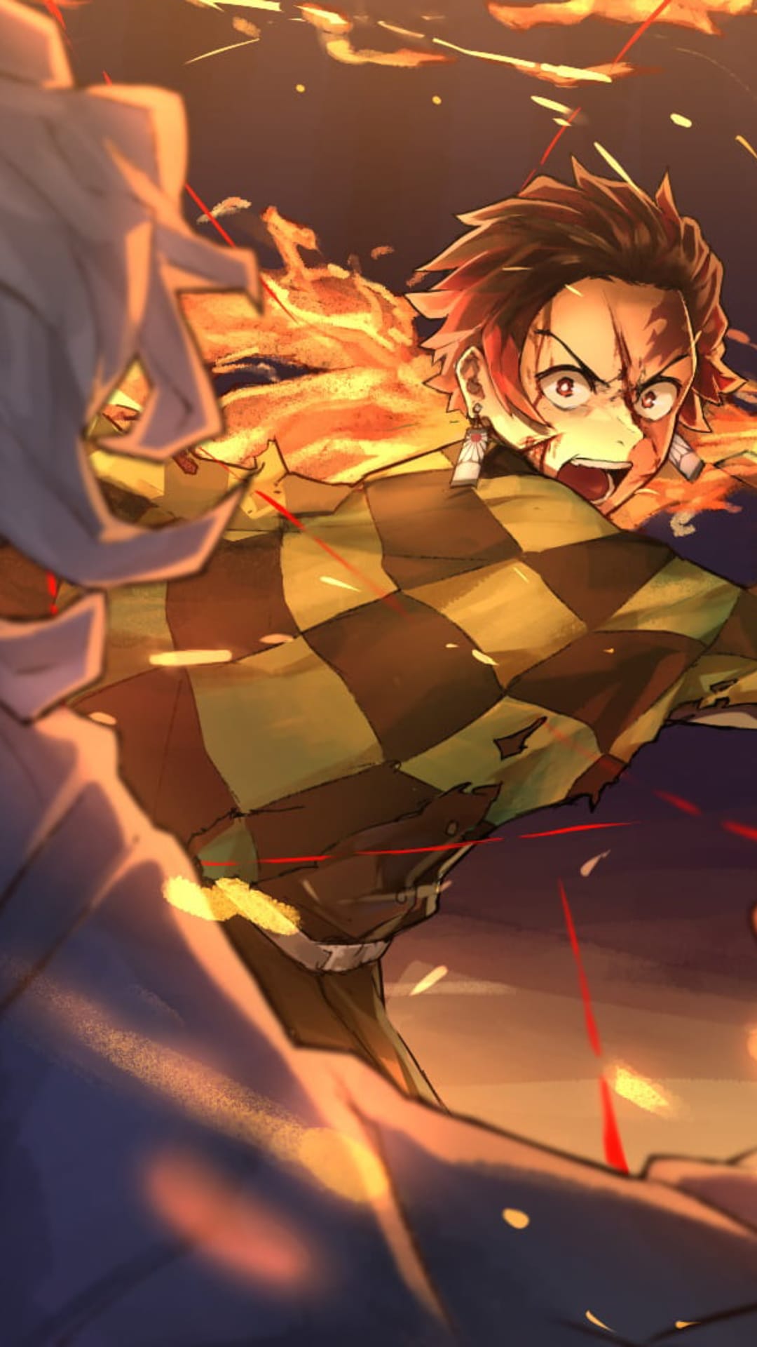 Tanjiro Kamado wields his sword against Akaza amidst swirling orange flames and dynamic combat sparks.