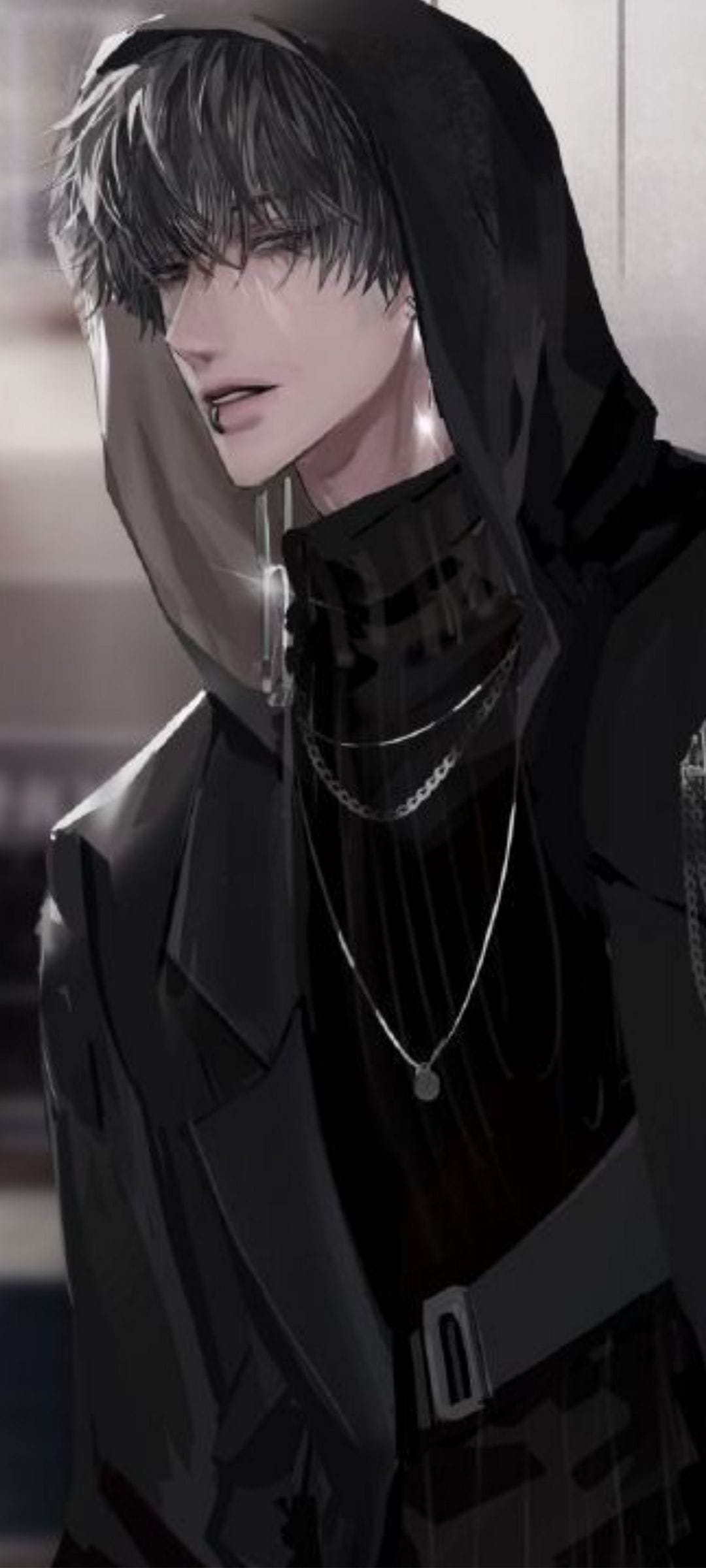 Anime man with dark hair, a lip ring, and silver necklaces looks forward while wearing a black hooded sweatshirt.