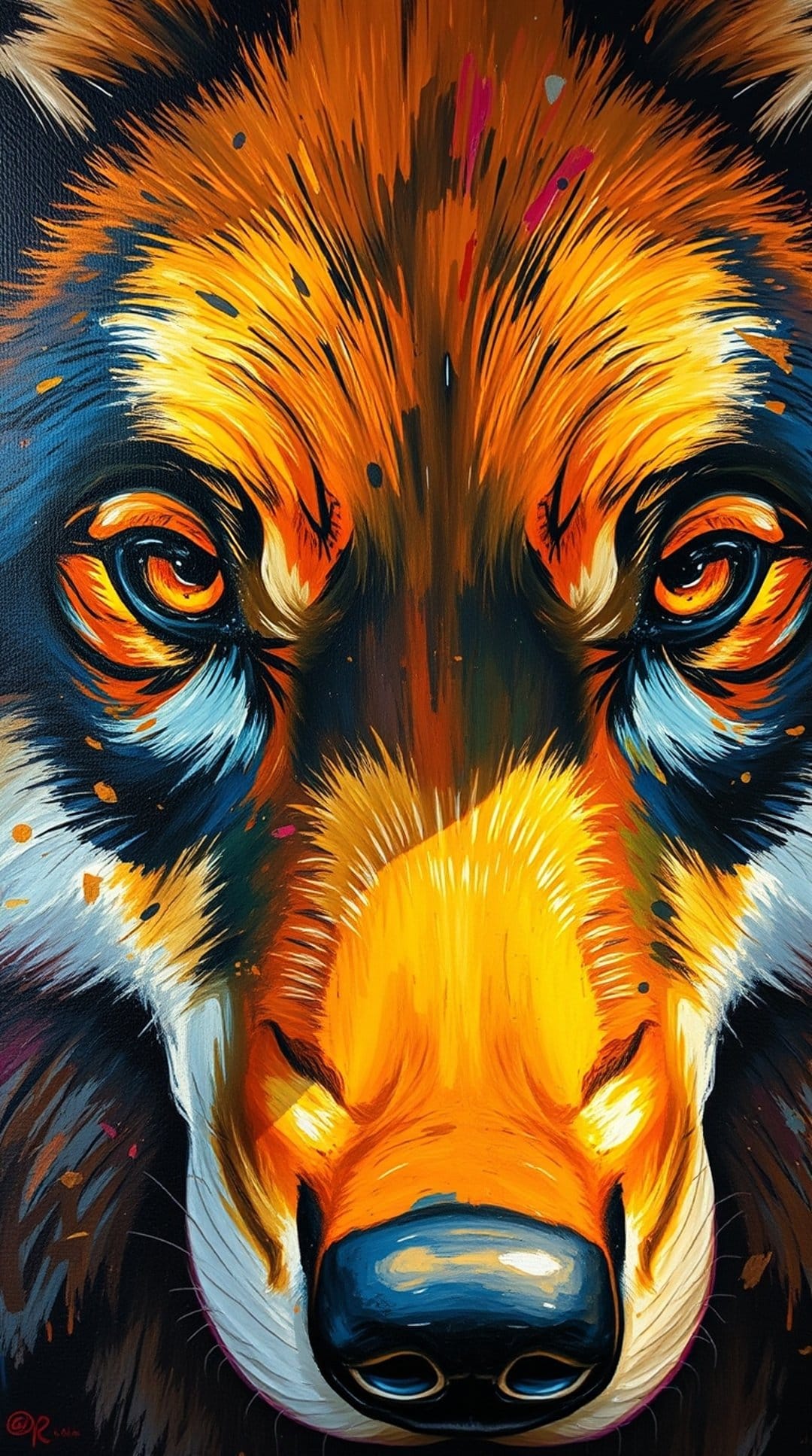 Fierce orange wolf eyes peer through thick blue and black paint strokes in a detailed artistic close-up.