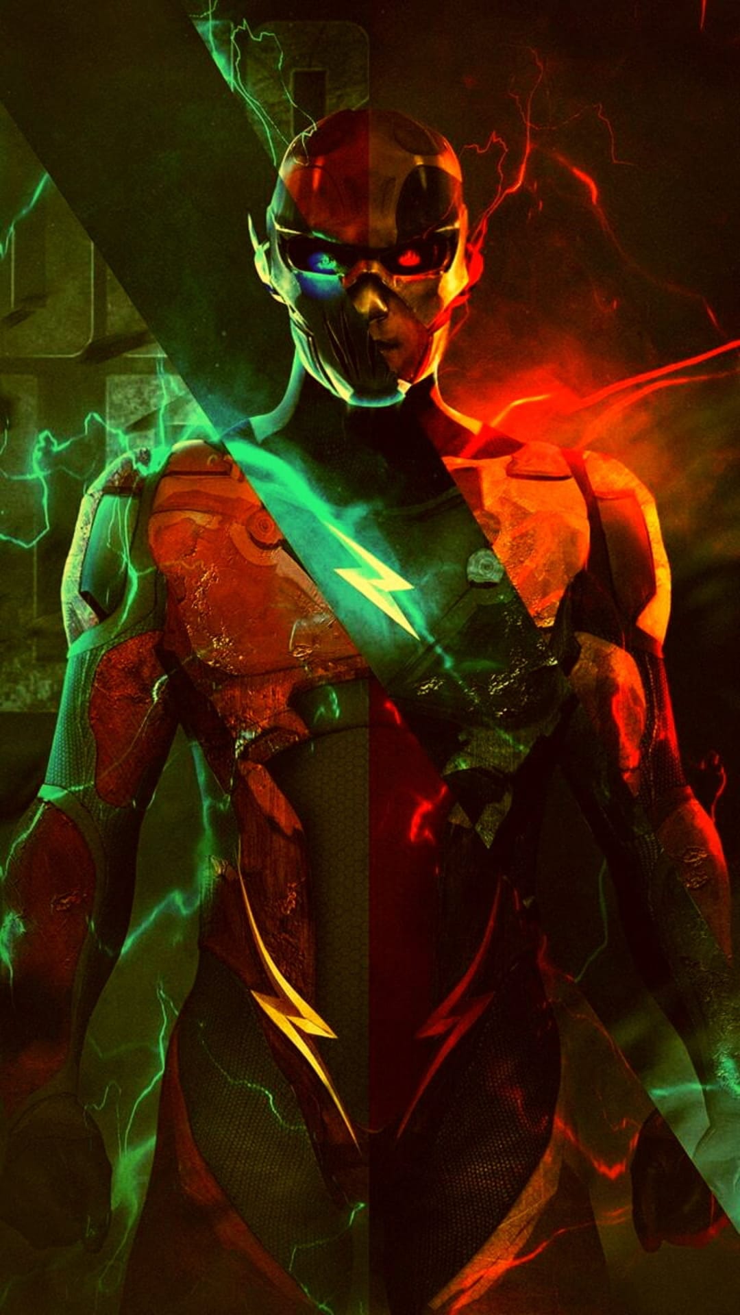 The Flash stands vertically split between red and green speed force energy with lightning arcing over his mask.