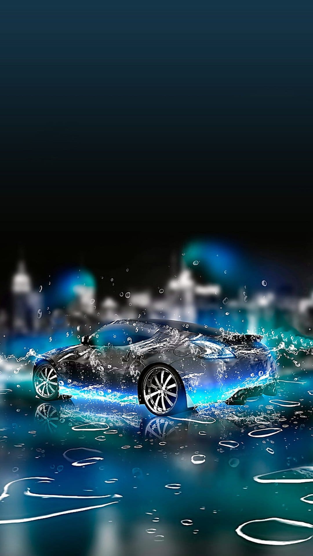 Water-bodied supercar with glowing blue neon accents splashes through a dark, blurred metropolitan street.