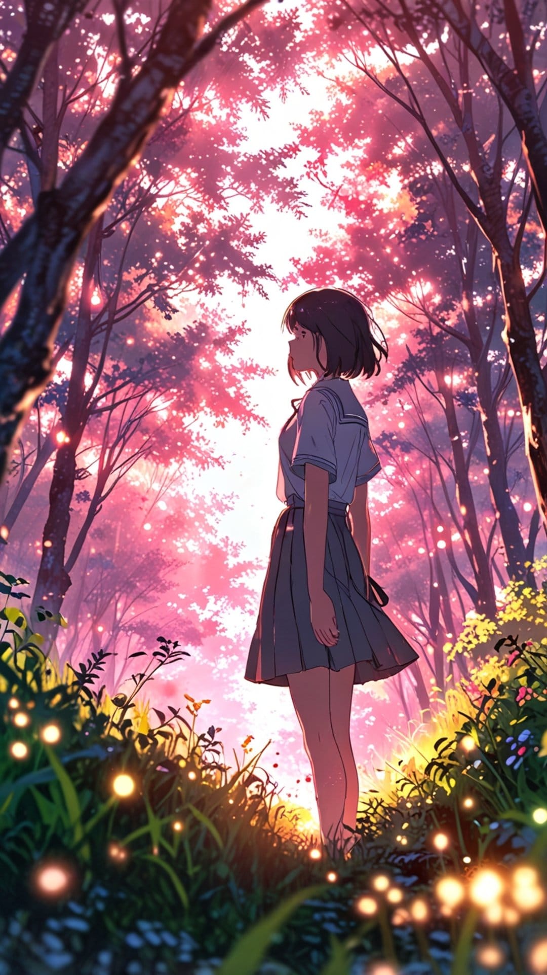 Girl in a school uniform stands amidst glowing pink trees and floating light orbs in a dense mystical forest.