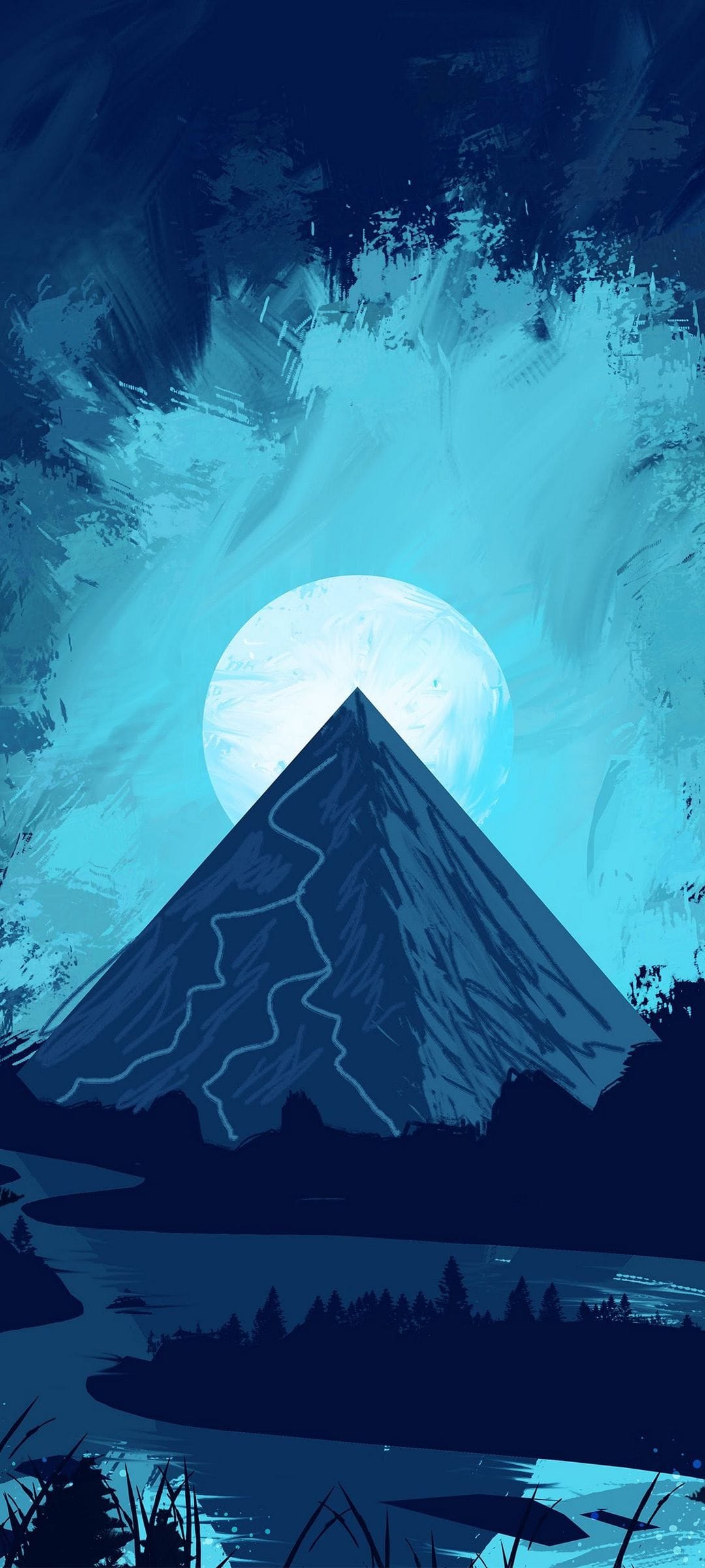 Dark blue mountain peak with a winding trail sits under a massive white full moon above a calm river at night.