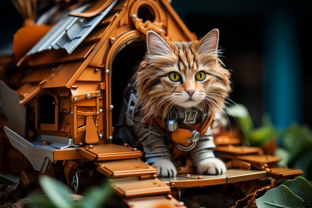 Tabby cat in brass goggles and leather vest sits before a tiny wooden house featuring metallic gears and pipes.