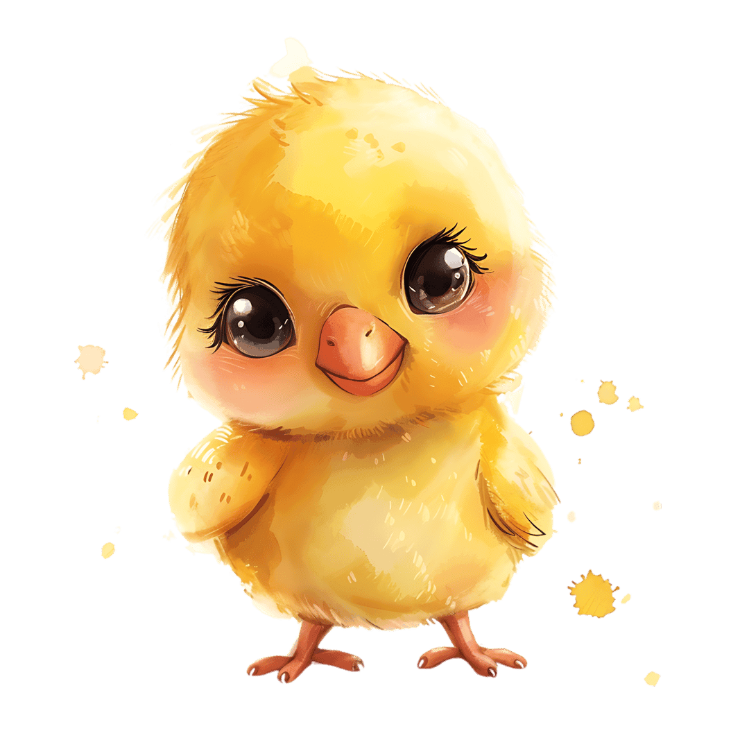 Yellow chick watercolor illustration shows a fluffy bird with pink cheeks and dark eyes on a black background.