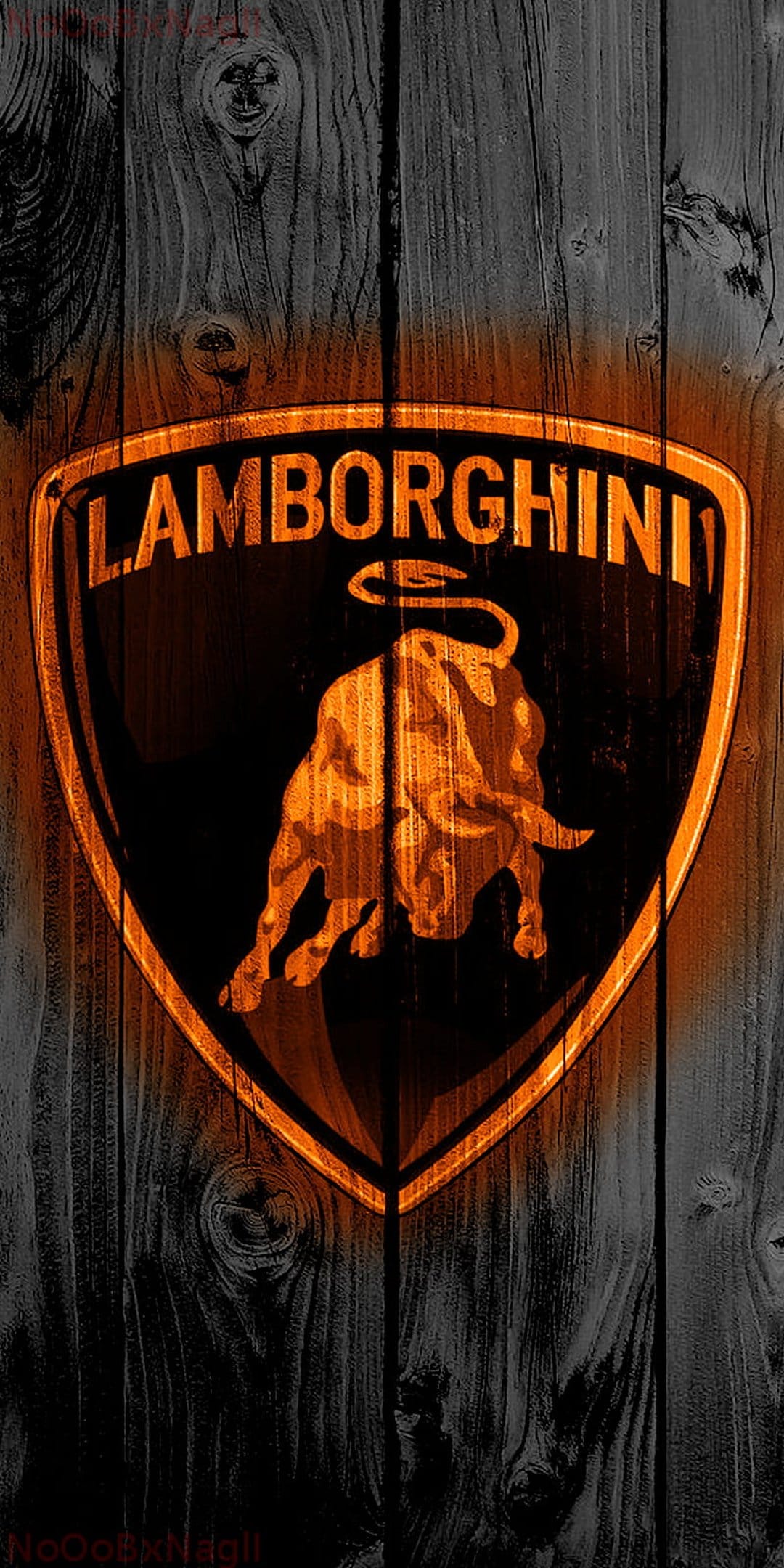 Orange Lamborghini shield emblem positioned on charred rustic wood planks with visible timber grain patterns.