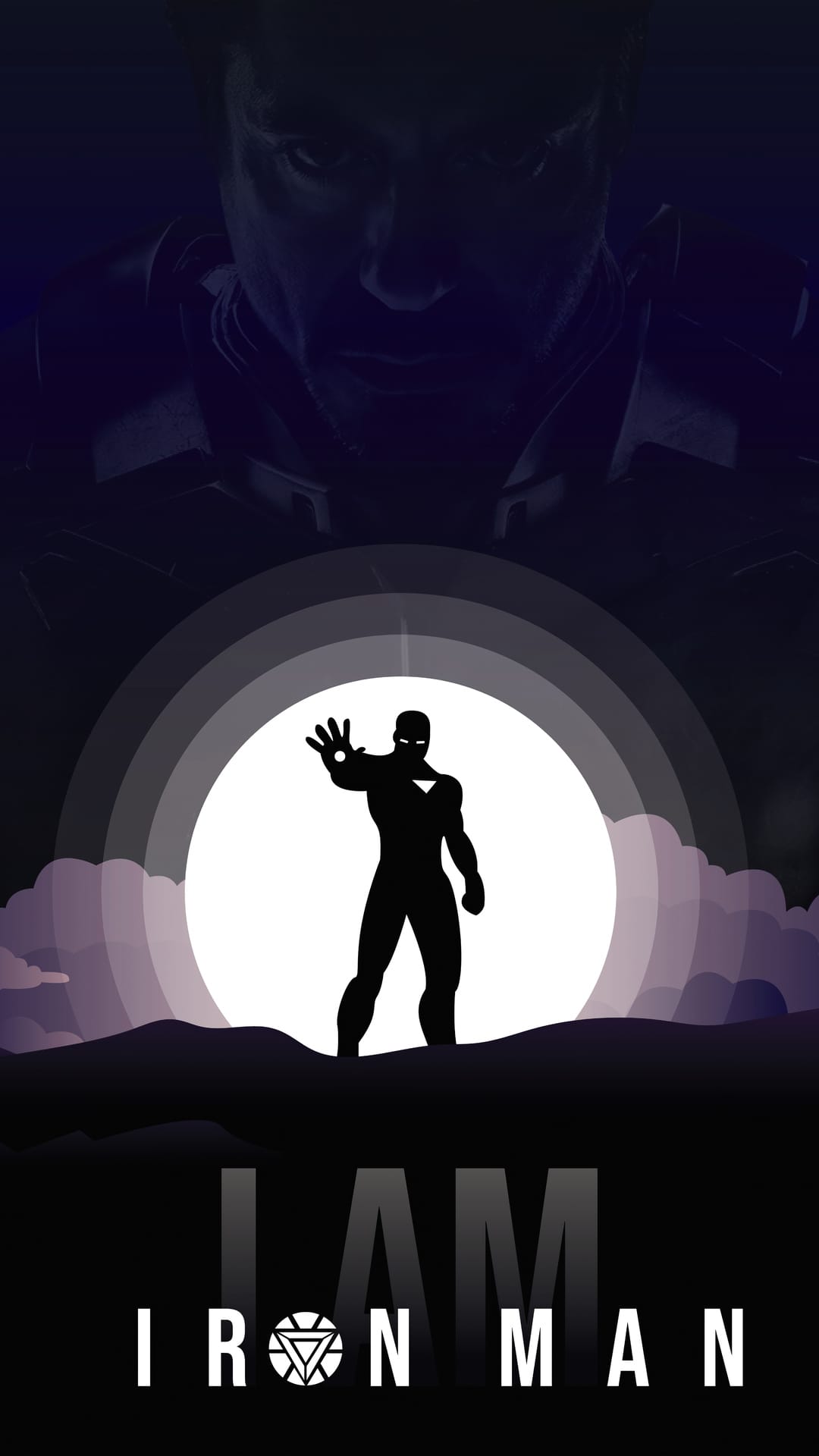 Iron Man stands in silhouette before a segmented moon with Tony Stark’s face looming in the dark background.
