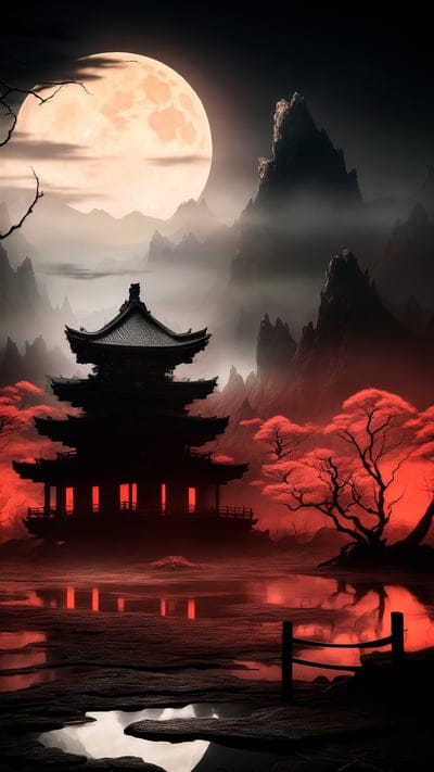 pagoda,moon,pond,mountains,night,asia