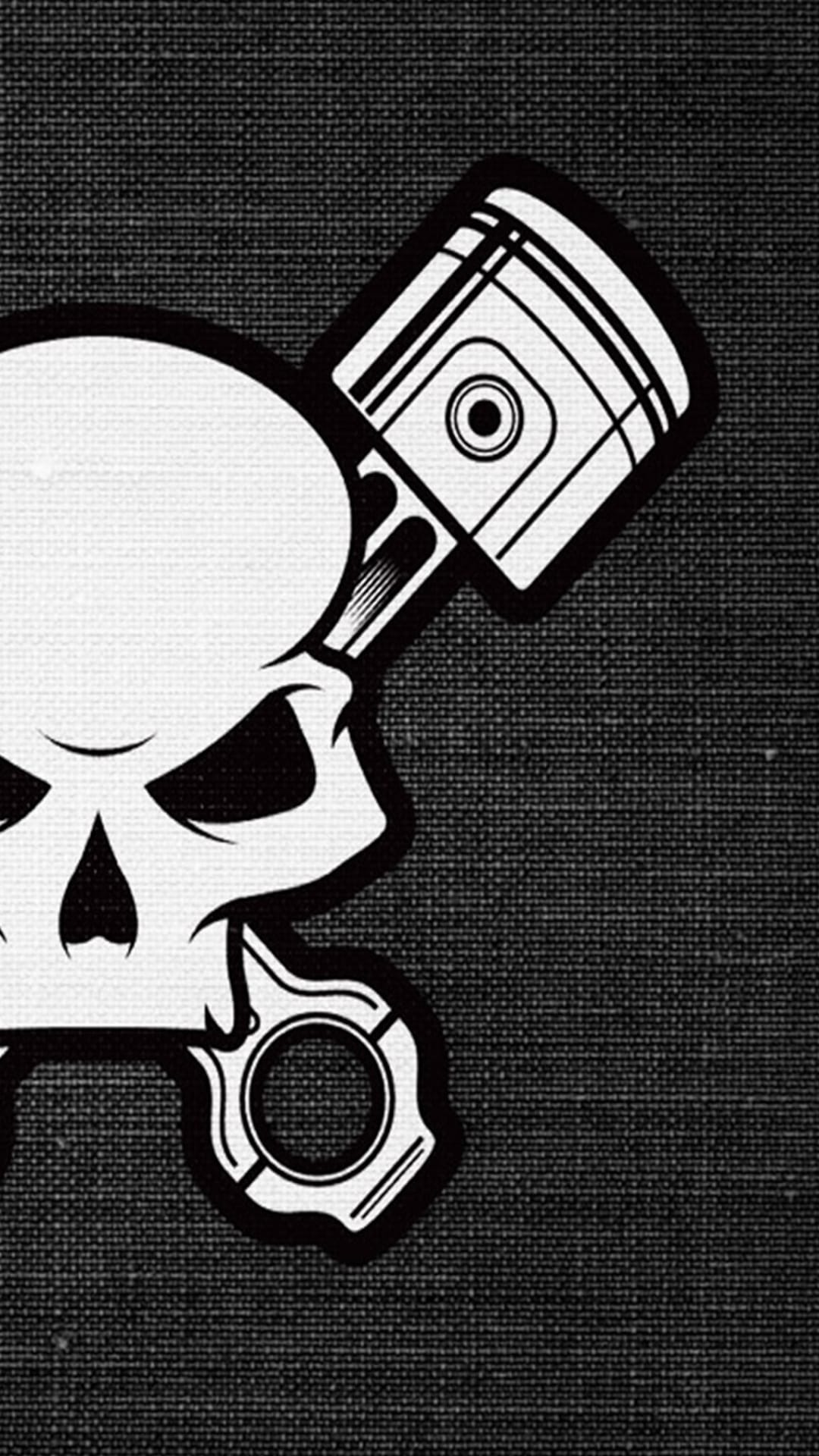 Stylized human skull merged with a mechanical engine piston against a textured dark gray background.