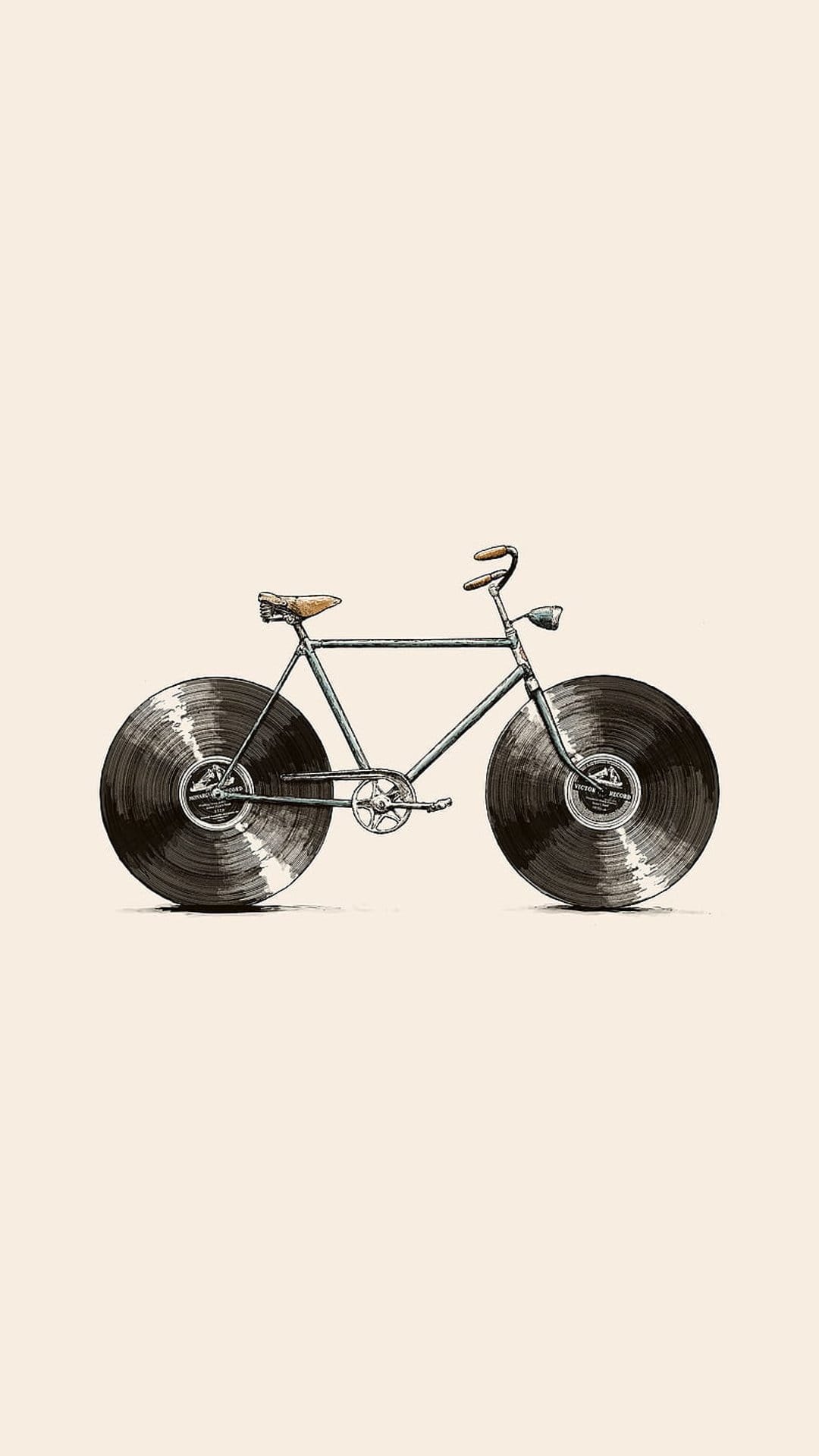 Vintage bicycle with black vinyl record wheels and a slim metal frame set against a soft neutral background.