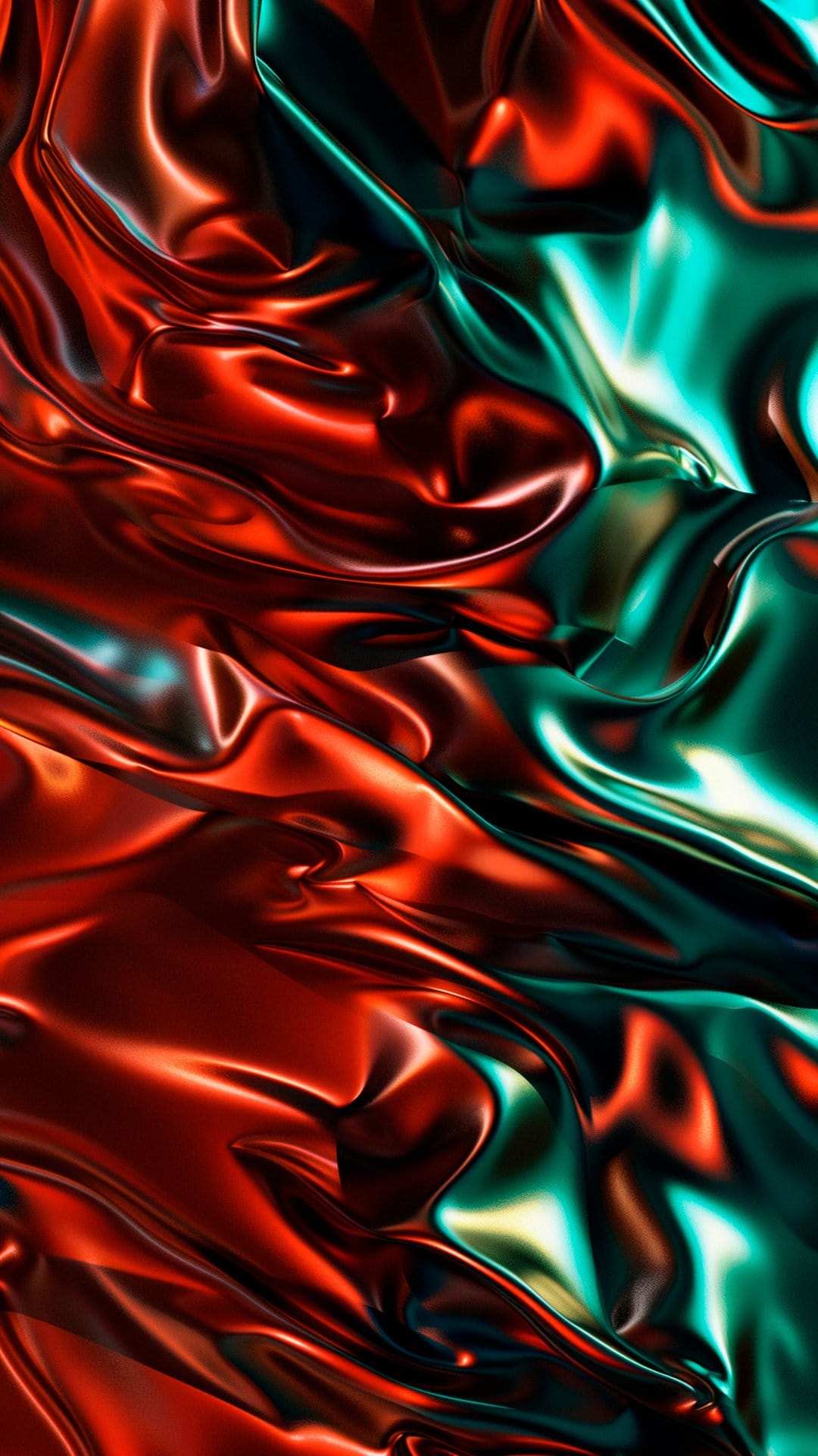 Swirling metallic fabric folds in deep red and teal with high-gloss highlights and deep shadows for phone screens.