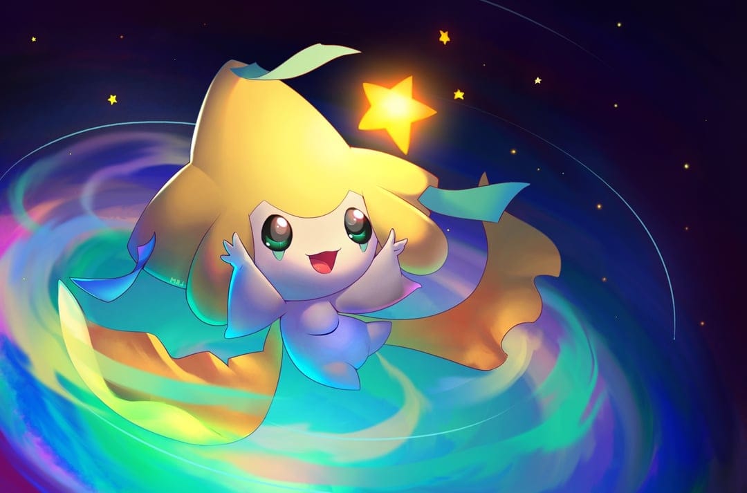 Jirachi floating in a colorful space nebula with a glowing star and vibrant teal and purple cosmic clouds.