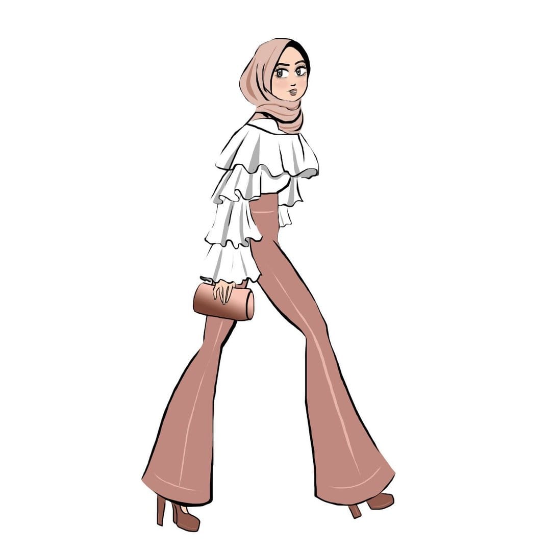 Muslim woman wearing a white ruffled top and dusty rose flared pants holding a metallic gold clutch bag.