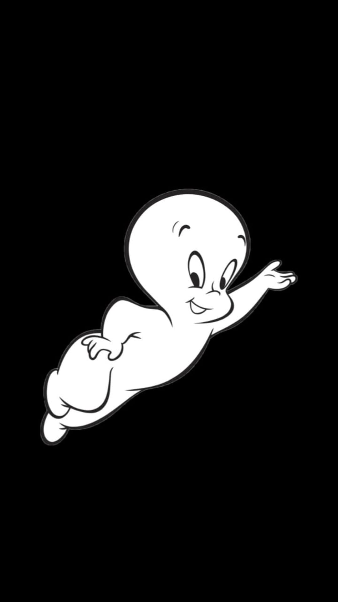 Casper the Friendly Ghost waves with a smile in a clean black and white line drawing on a solid white background.