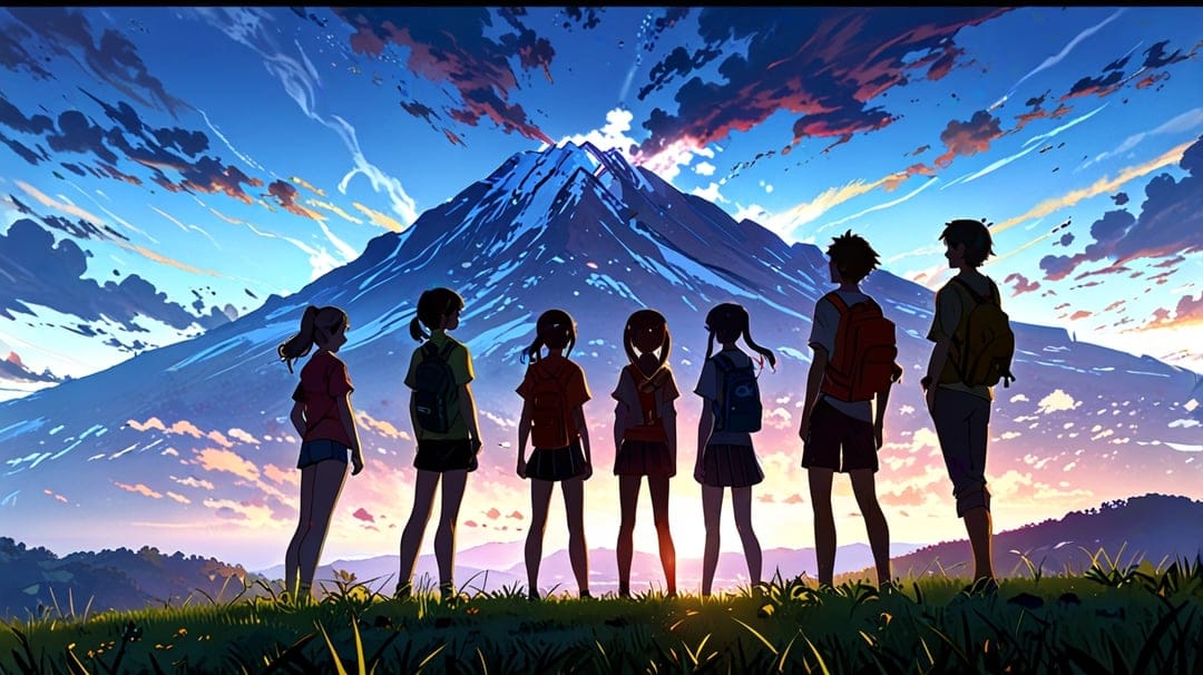 Silhouetted hikers gaze at a massive snow-covered mountain peak under a vibrant orange and purple dawn sky.