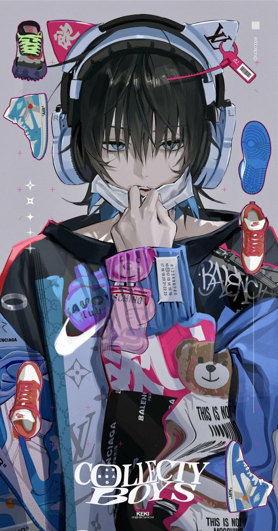 Anime boy with headphones surrounded by a collage of designer sneakers and branded clothing in an urban setting.