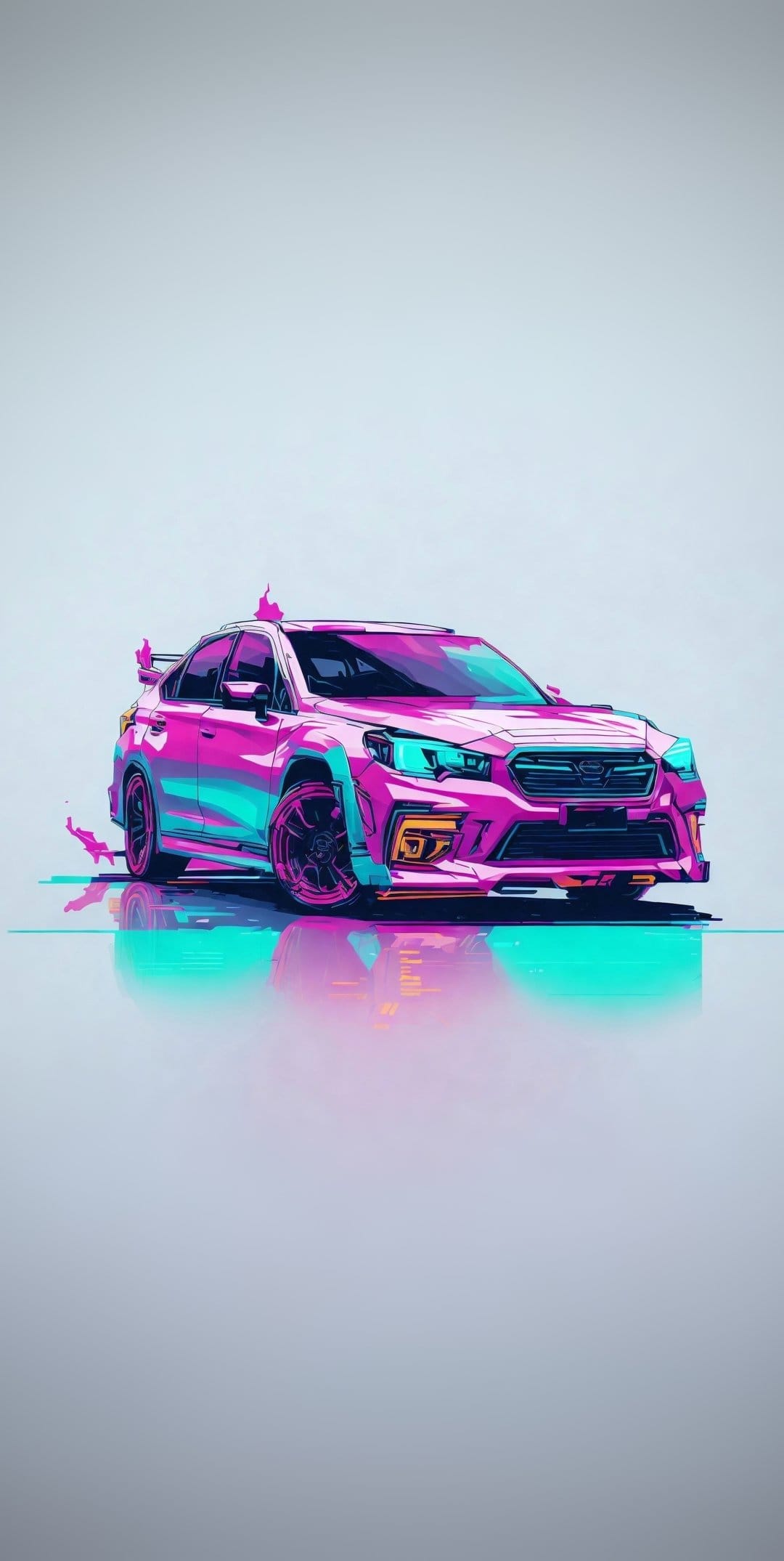 Subaru Outback SUV with glowing neon pink and teal outlines parked on a dark, reflective minimalist surface.