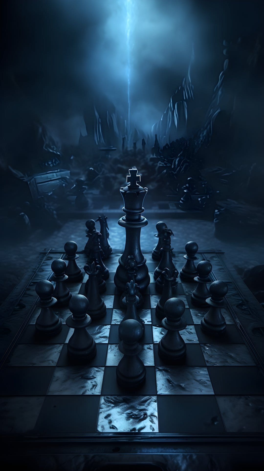 Black chess king stands on a textured board illuminated by a sharp beam of blue light in a dark rocky cavern.