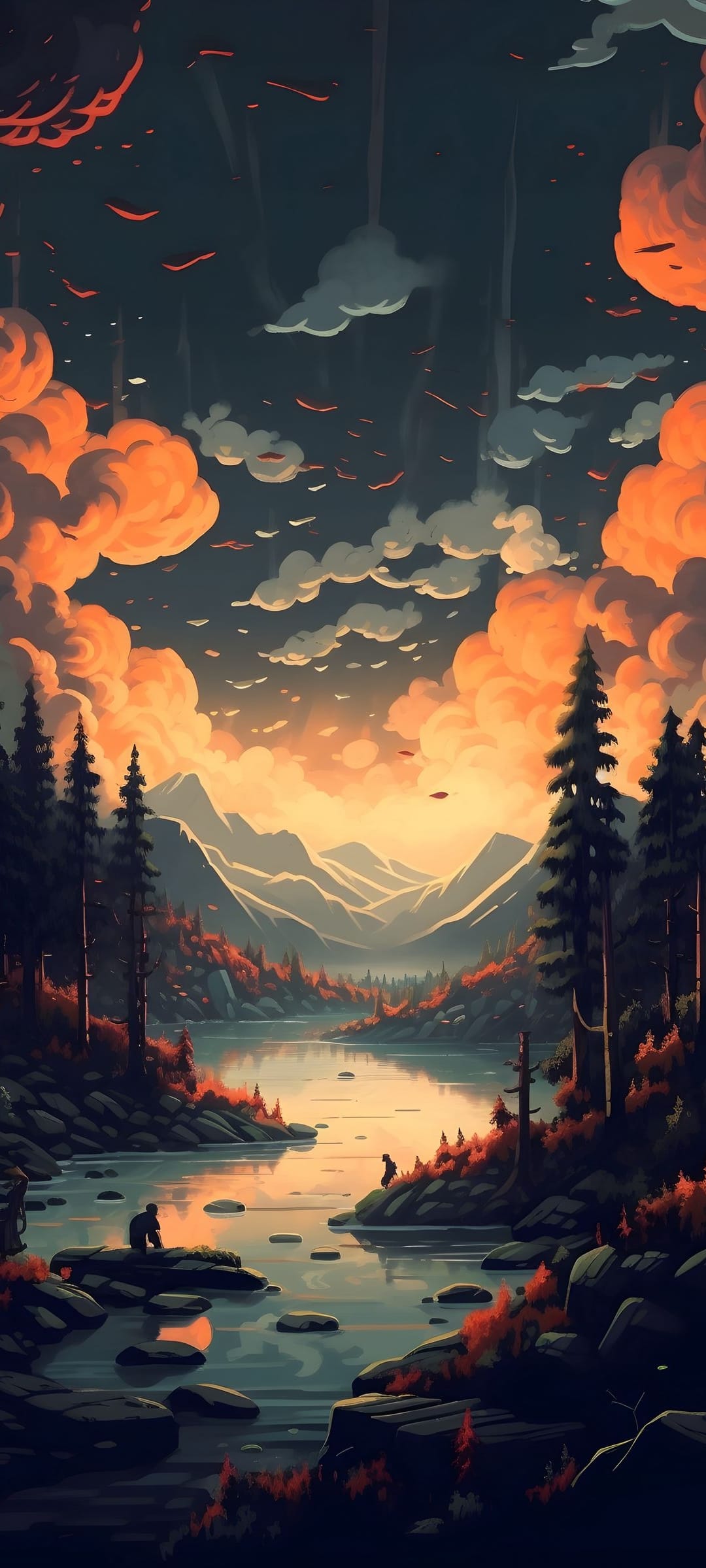 Alpine lake reflects a burning orange sunset behind towering mountains and evergreen trees in an anime style.