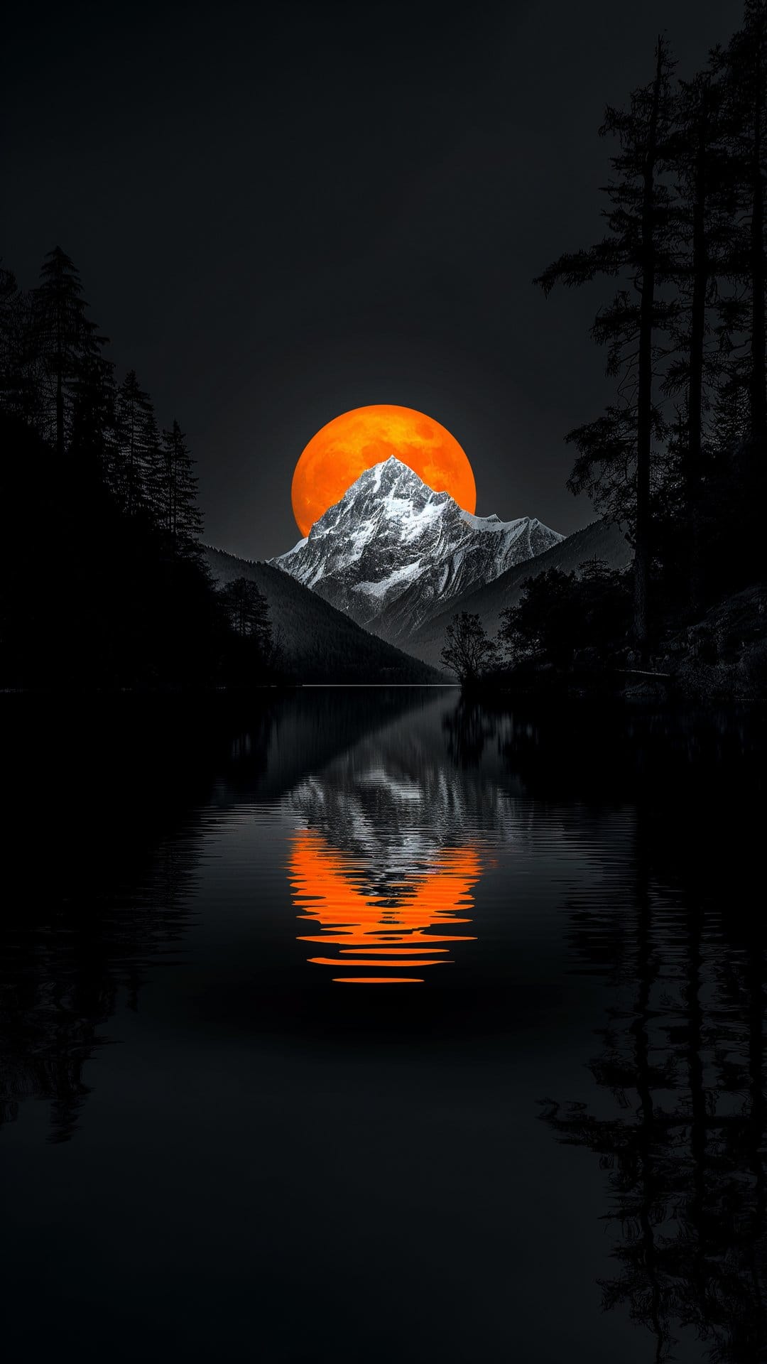 Snowy mountain peaks under a large orange moon reflected in a dark lake framed by silhouetted pine trees.