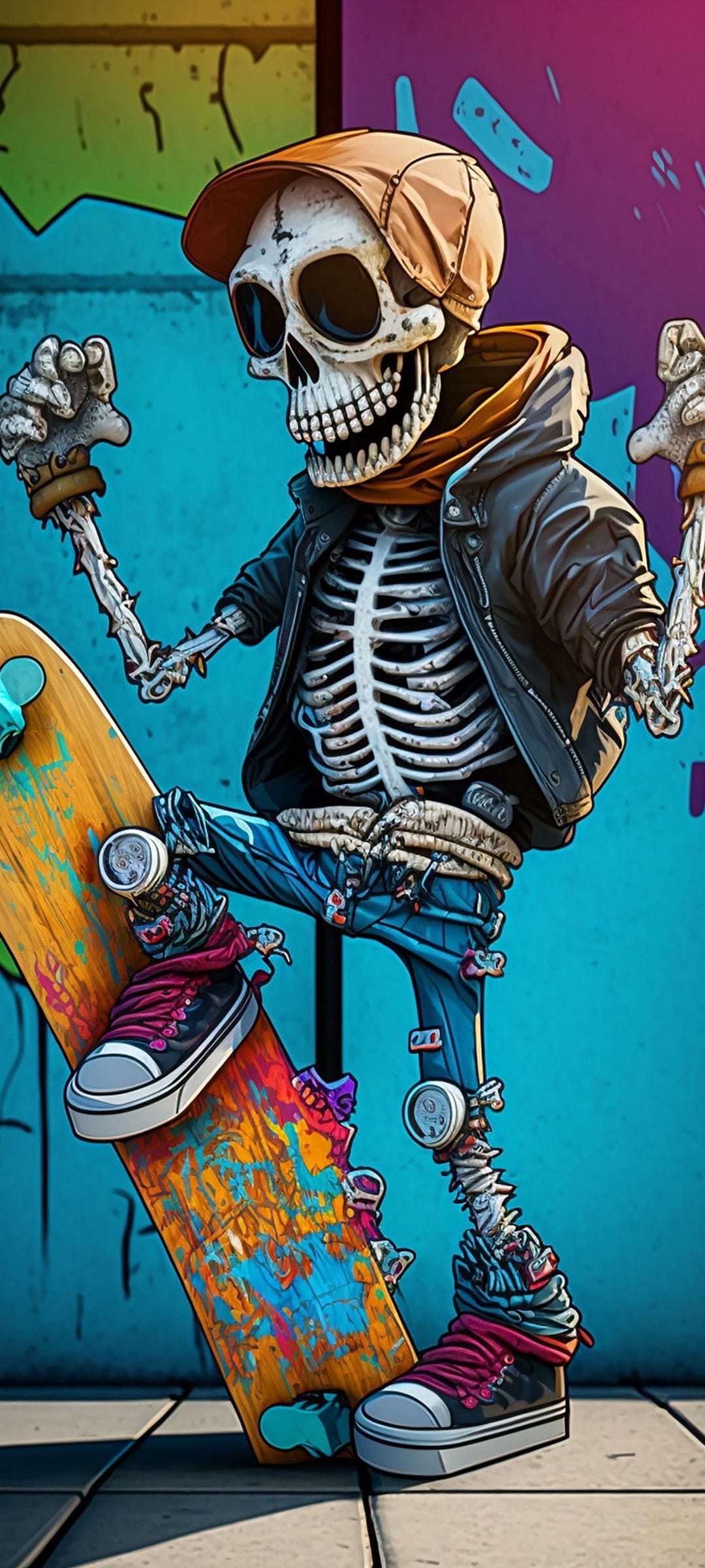 Skeleton in a leather jacket and cap performs a skateboard trick against a blue wall with colorful graffiti art.