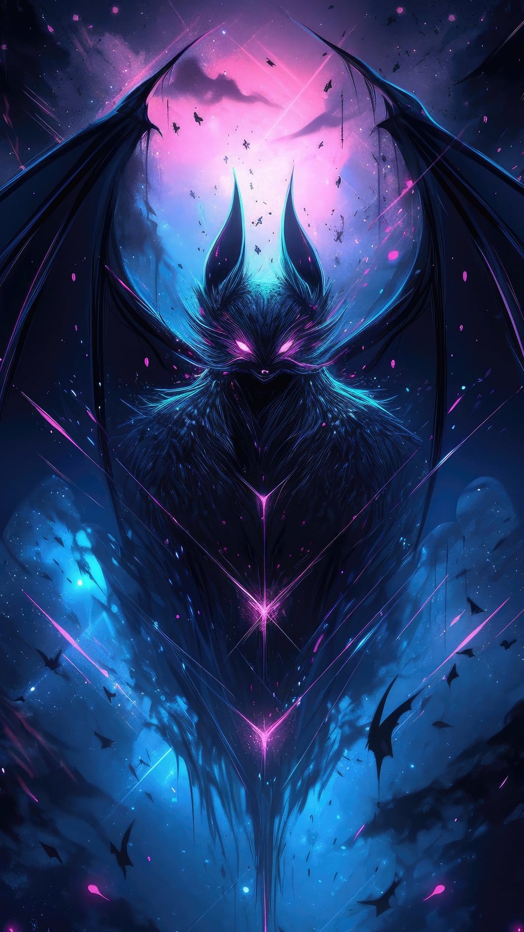 Bat-like creature with glowing pink eyes and large wings flying through a neon blue and violet starry nebula.