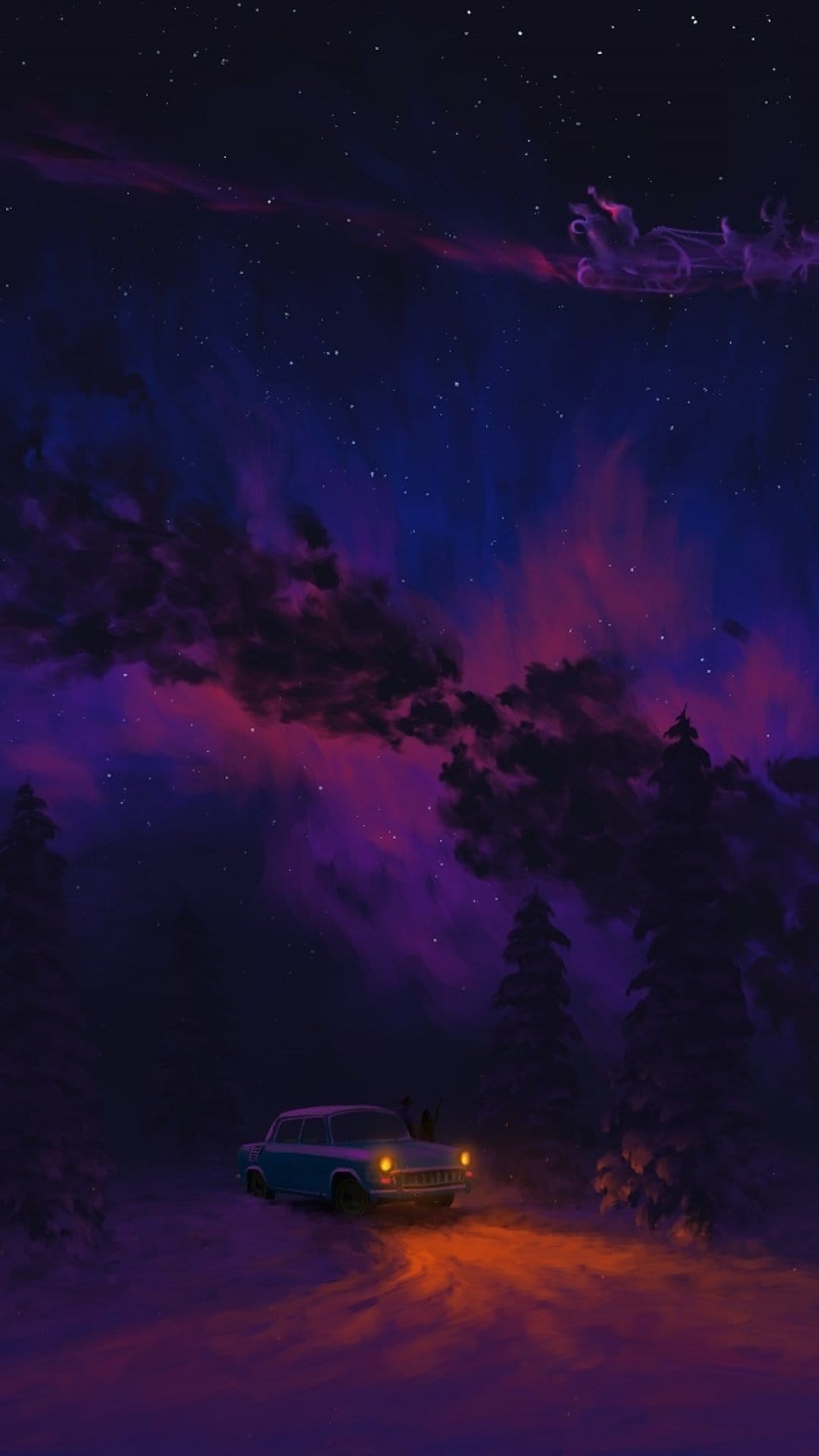 Car driving on a snowy forest road under a purple starry sky with a faint sleigh silhouette in the clouds.