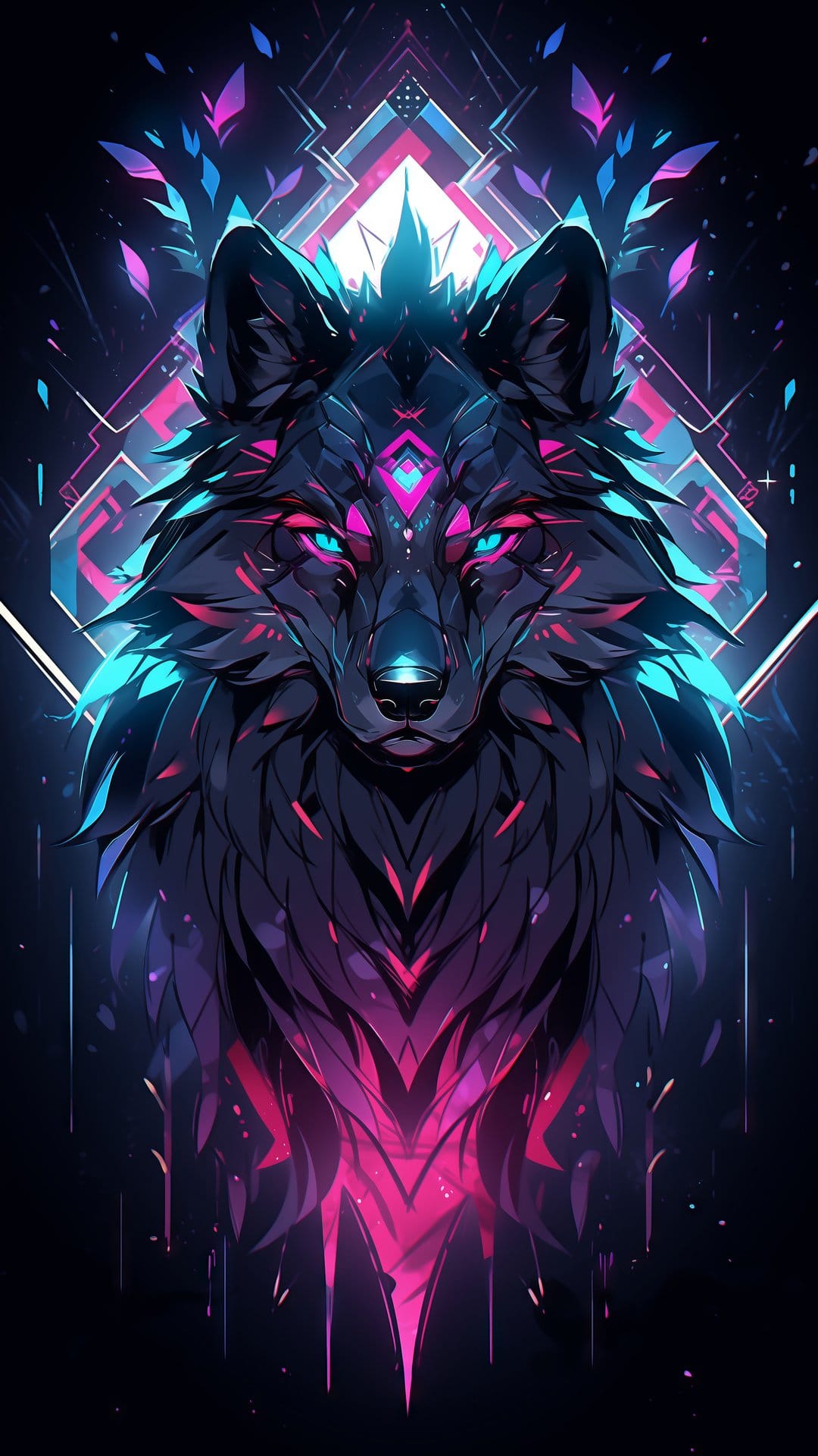 Cybernetic wolf head with glowing blue eyes, pink geometric light patterns, and dark fur on a black background.