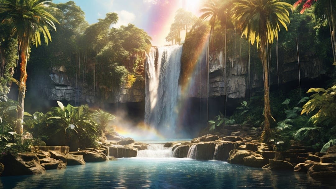Majestic waterfall cascading into a blue lagoon with a vibrant rainbow under tropical palm trees and sunlight.