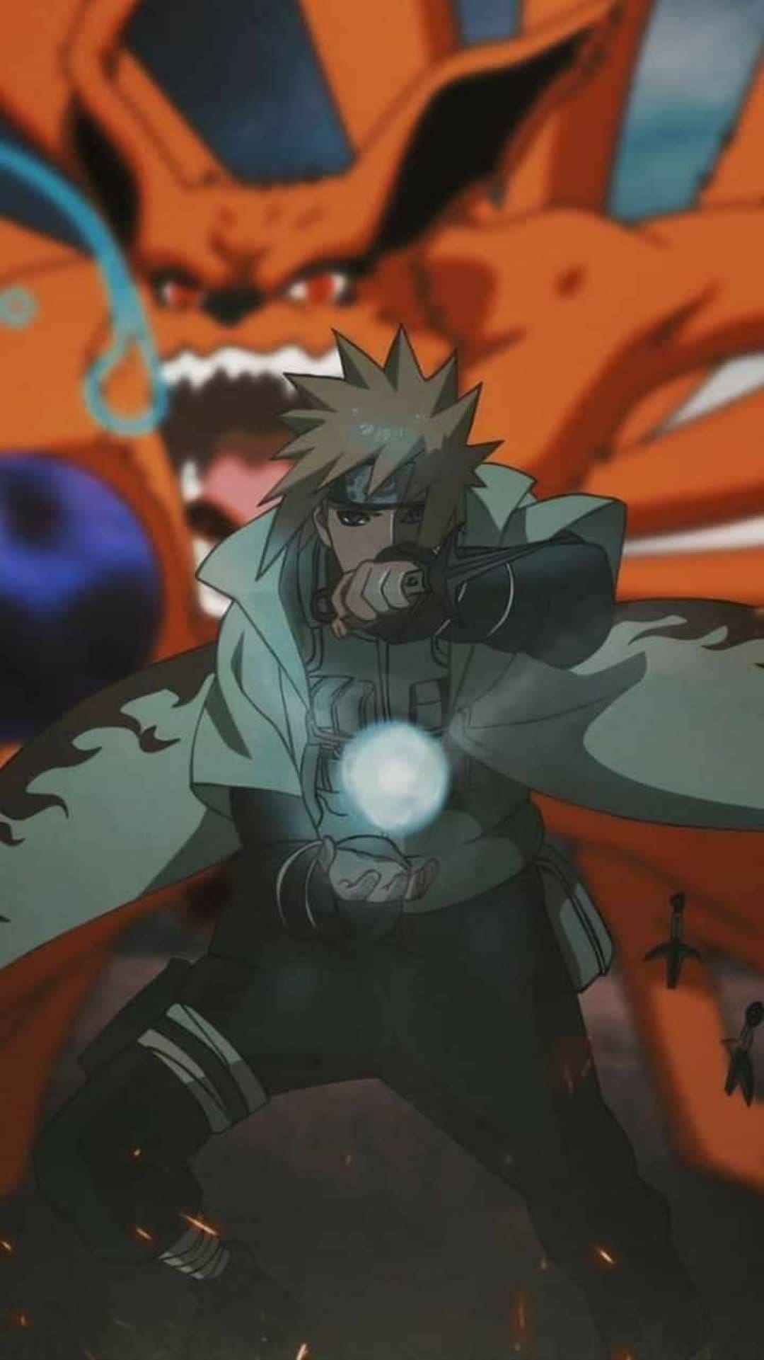 Minato Namikaze holds a blue Rasengan while the orange Nine-Tails fox looms in the background with glowing eyes.