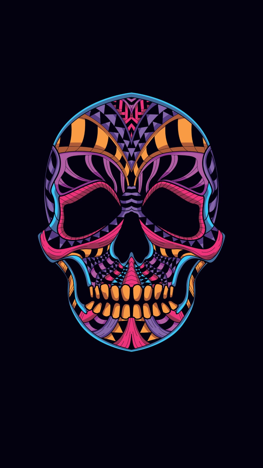 Stylized skull features pink, purple, and orange geometric patterns glowing against a solid black background.