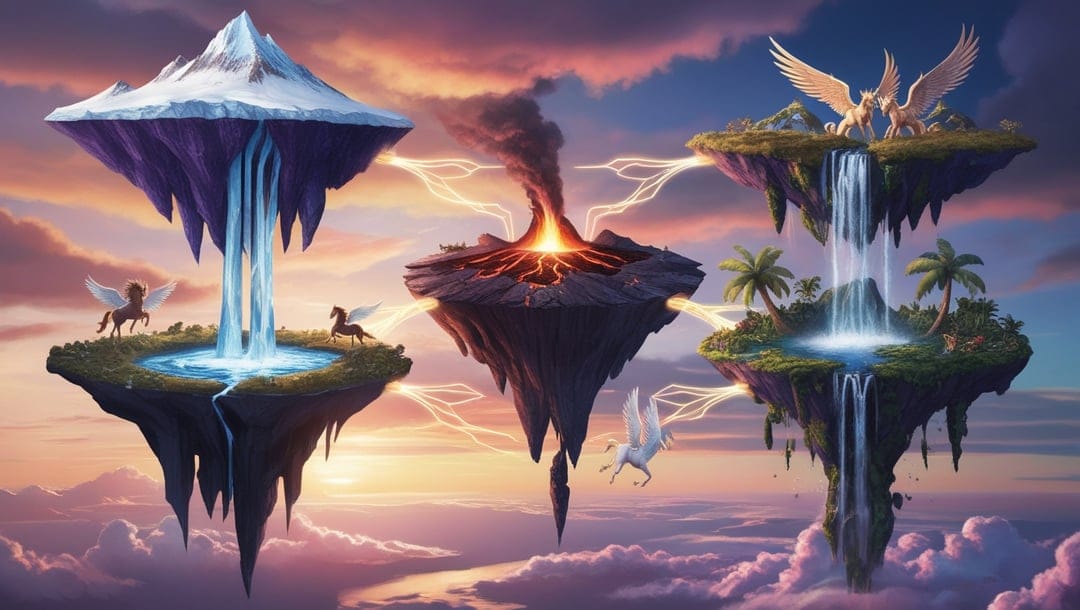 Floating islands with a snowy peak, active volcano, and winged horses connected by bright ethereal lightning.