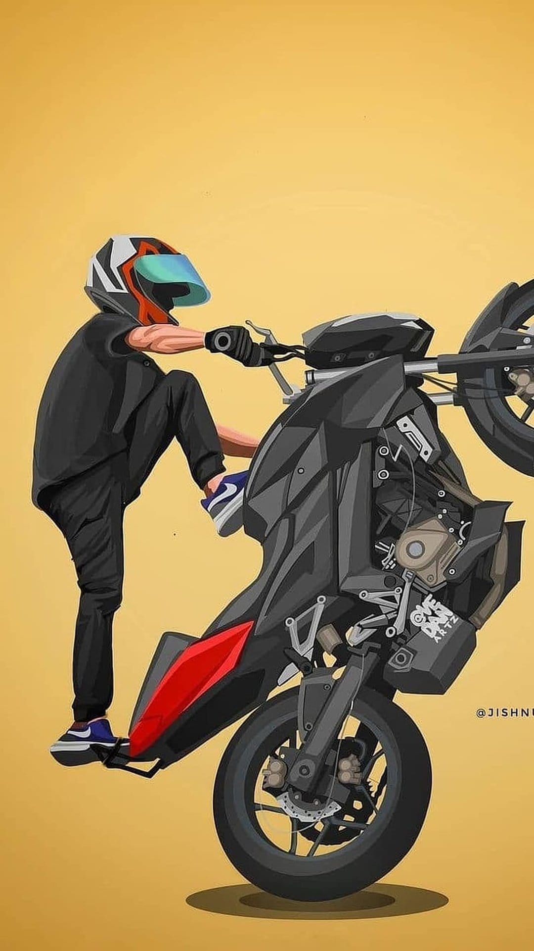 Motorcyclist in black gear performing a wheelie on a gray and red sportbike against a solid yellow background.