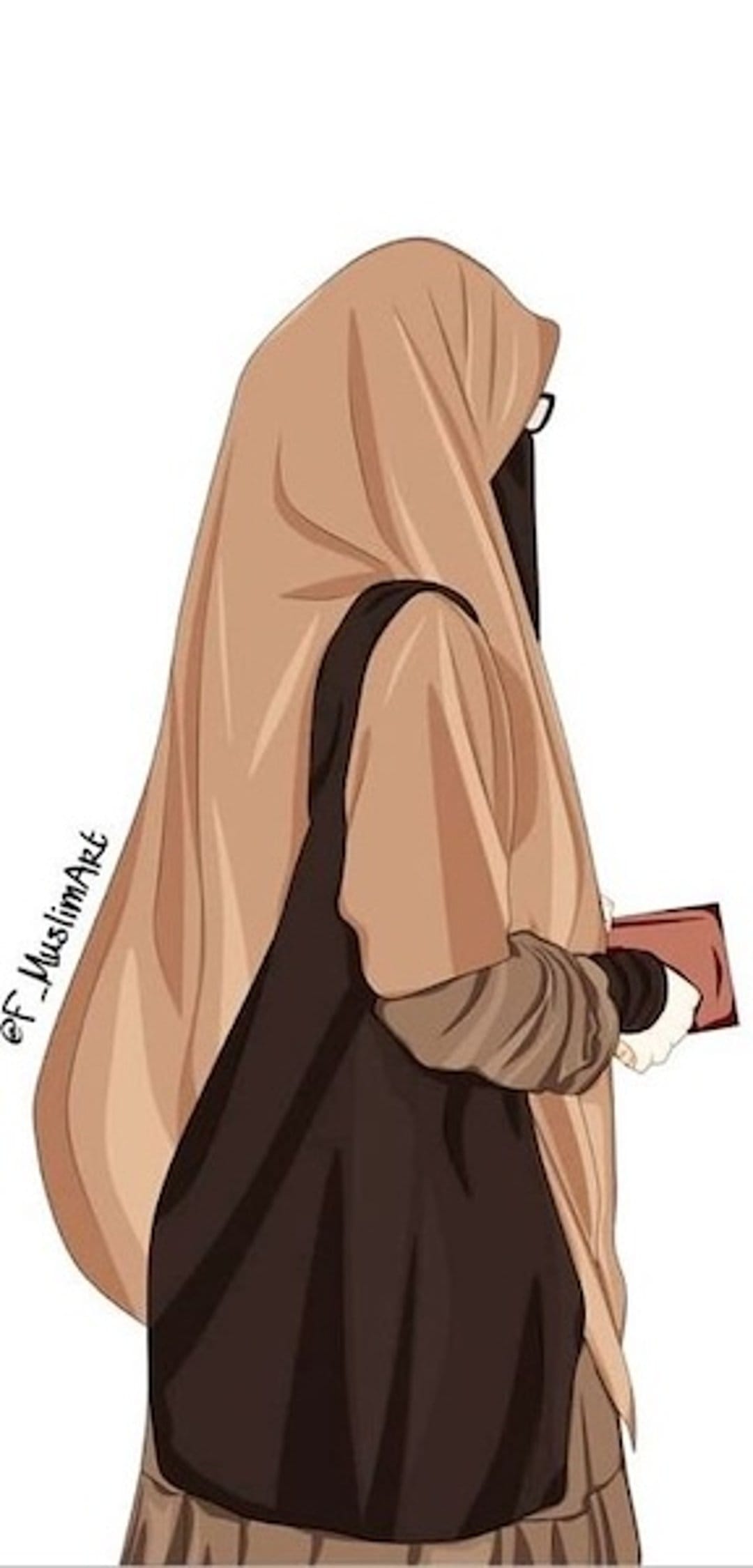 Muslim woman wearing a light brown hijab, niqab, and glasses holds a red book and dark brown tote bag.