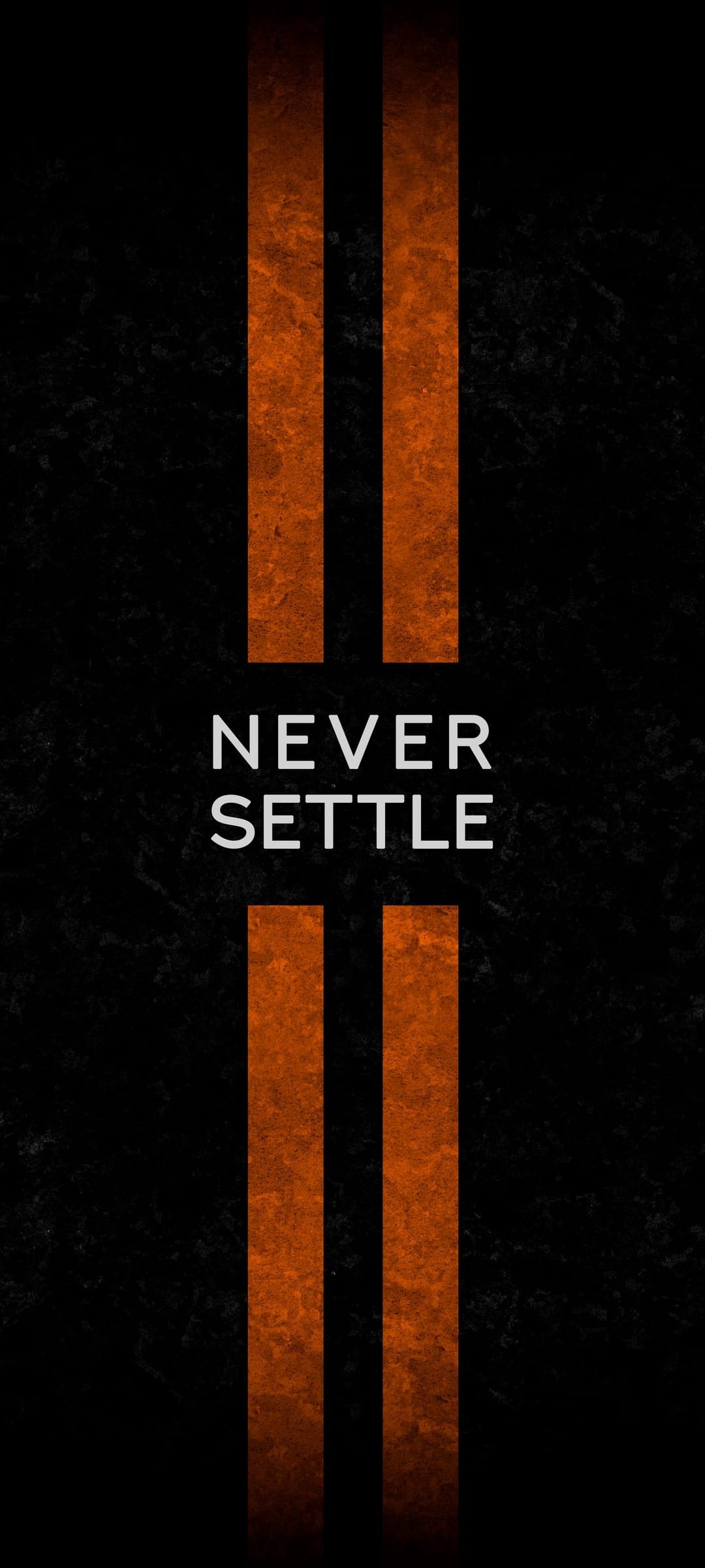 Never Settle slogan centered between two vertical orange stripes on a dark, granular textured surface.