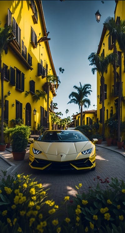 lamborghini,car,yellow,street,houses,palm trees,flowers