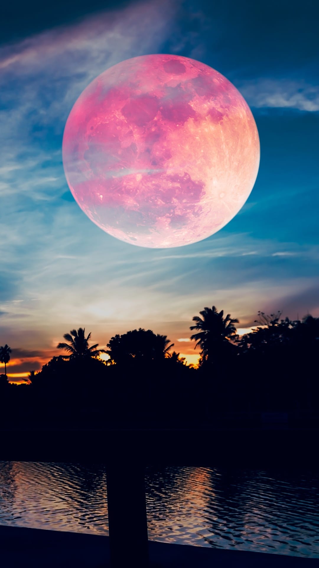 A giant pink moon rises over a calm lake and black palm tree silhouettes against a vibrant twilight sky.