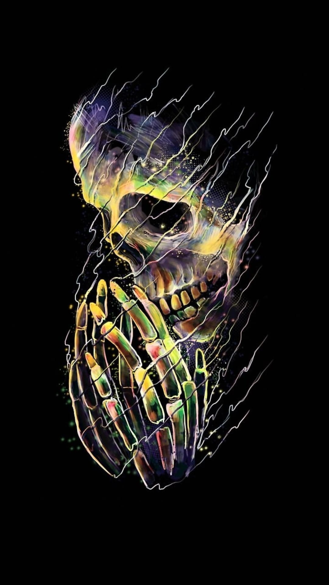 Neon-lit skull with hands pressed together in prayer amidst swirling blue and purple energetic light trails.
