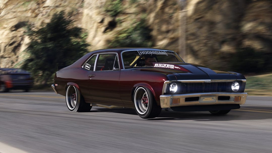 Maroon custom muscle car with a black hood and white wheels racing on a sunlit highway with cinematic motion blur.