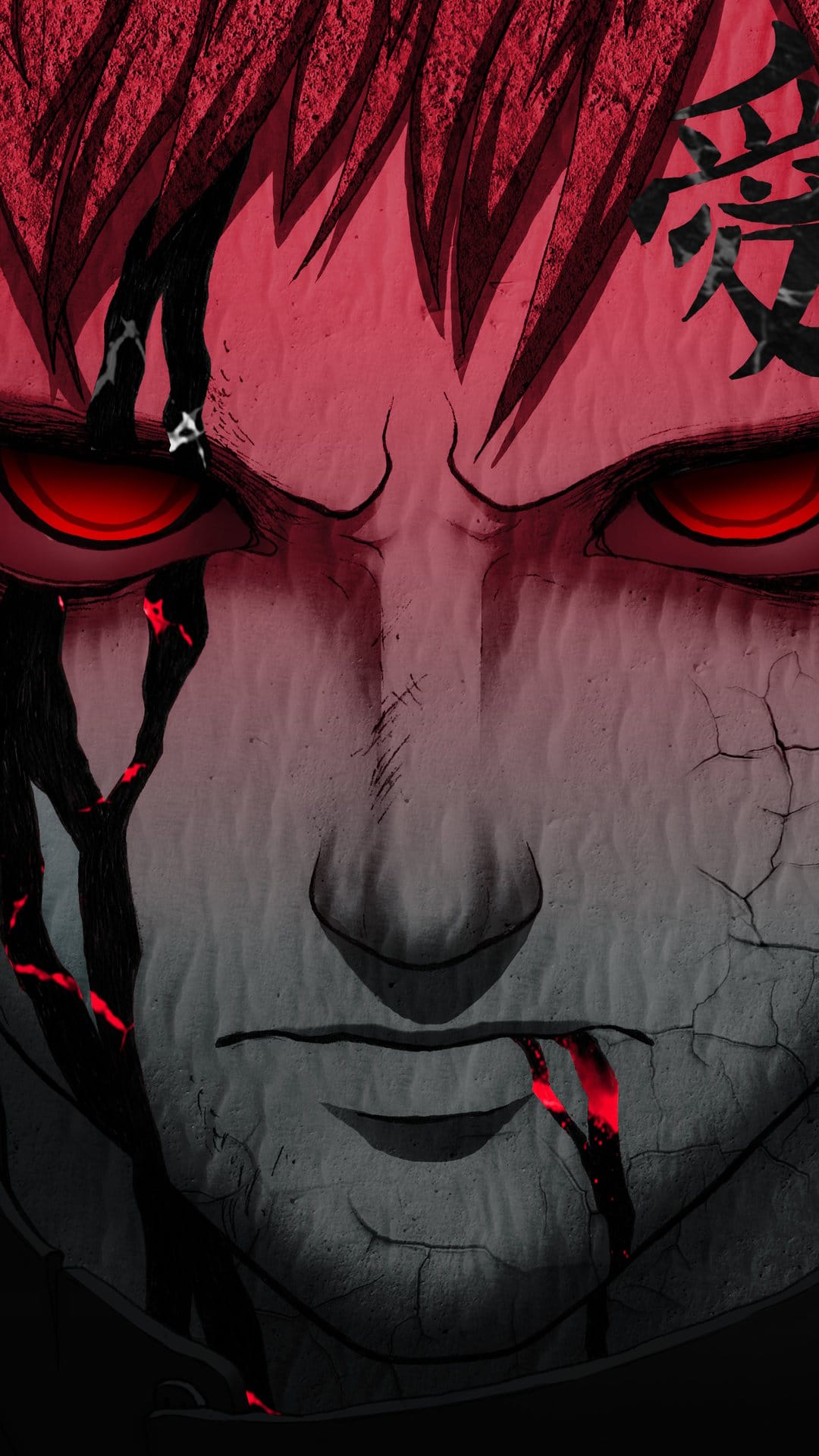 Gaara with glowing red eyes, a red love kanji on his forehead, and dark facial cracks against a red background.