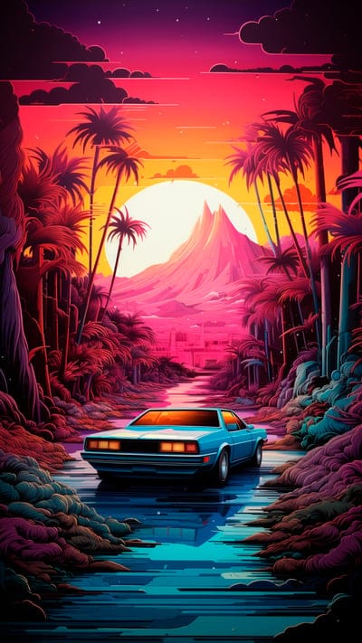 car,trees,forest,palm trees,mountain,sun,art