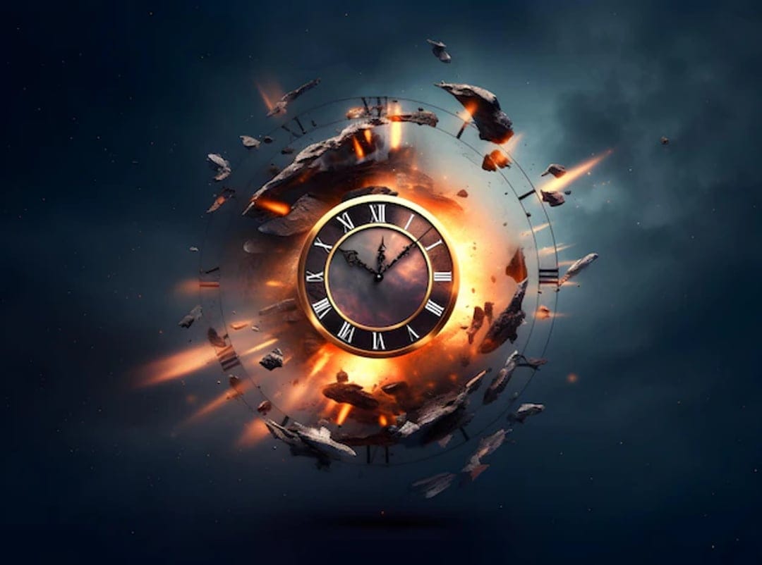 Vintage clock disintegrating into glowing embers and floating Roman numerals against a dark nebula background.