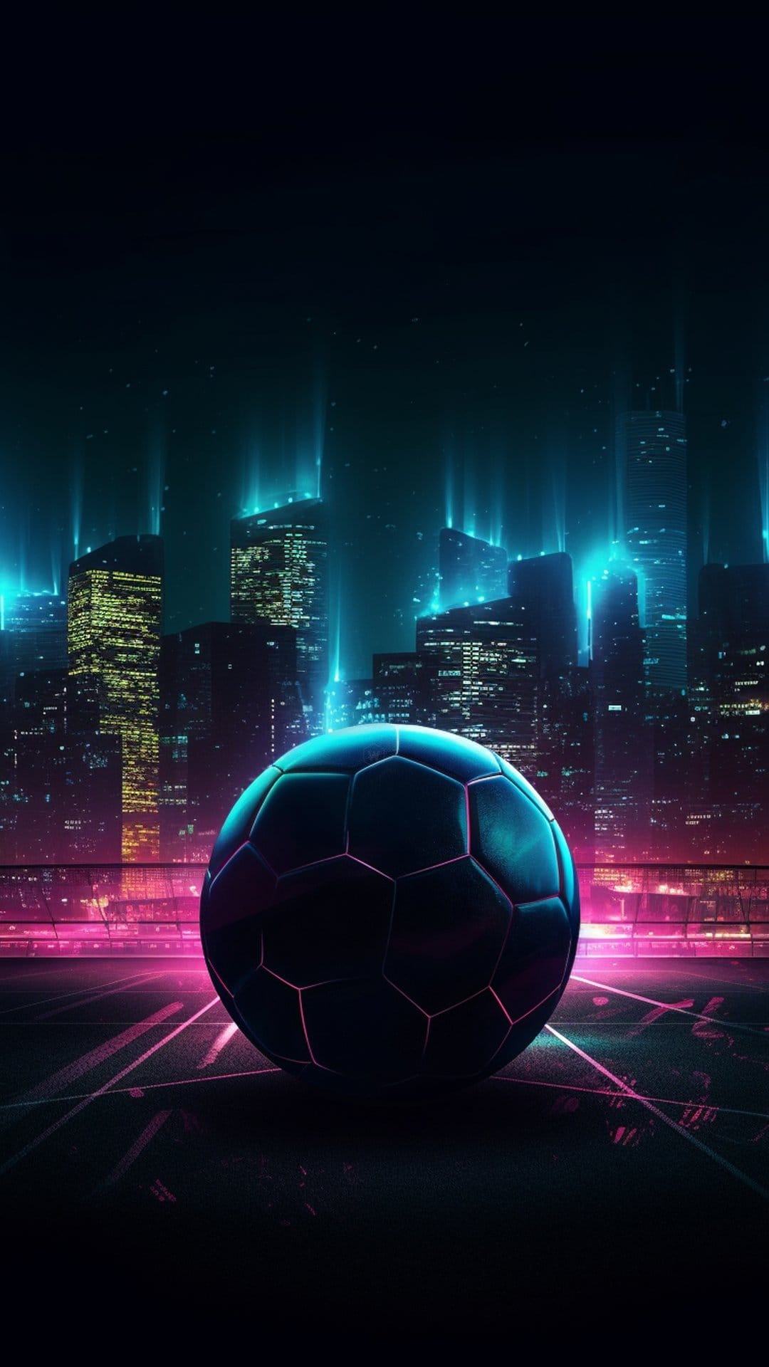 Glowing futuristic soccer ball rests on a neon court with a vibrant blue and pink urban cityscape background.