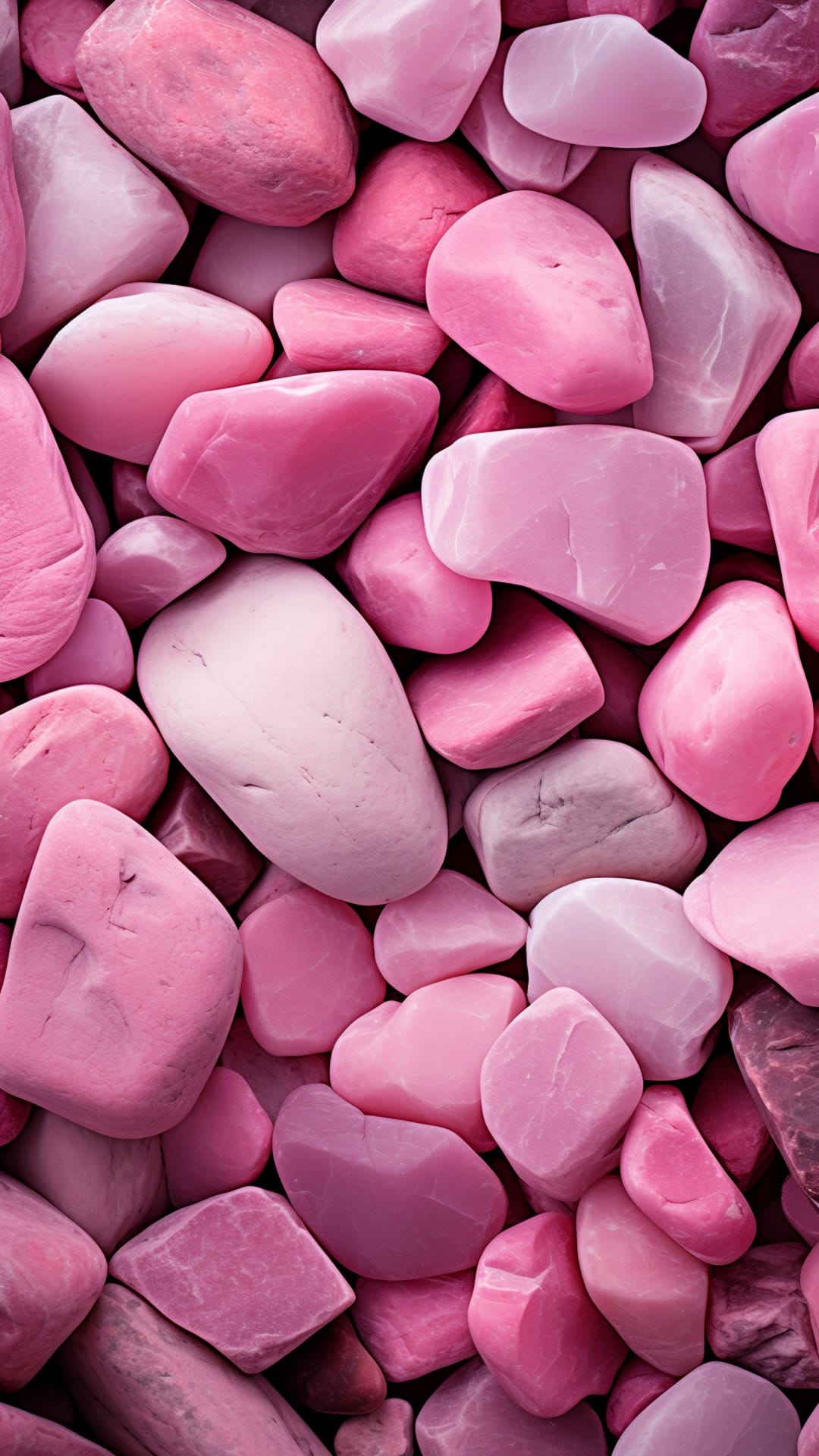Smooth pink pebbles in varied soft tones are arranged closely together to create a polished stone texture.