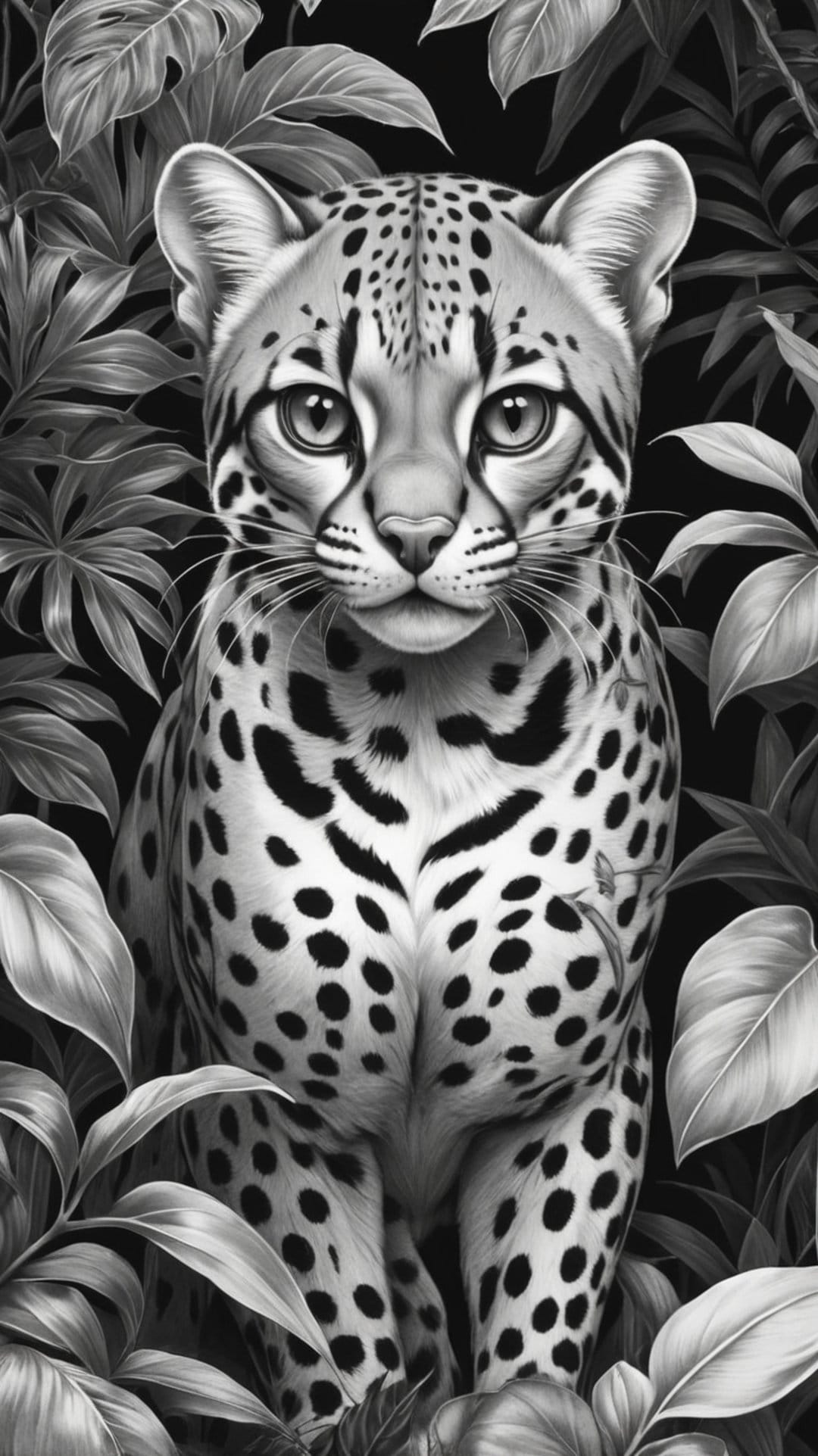Ocelot with spotted fur peeks through dark tropical leaves in a high-contrast black and white wildlife portrait.